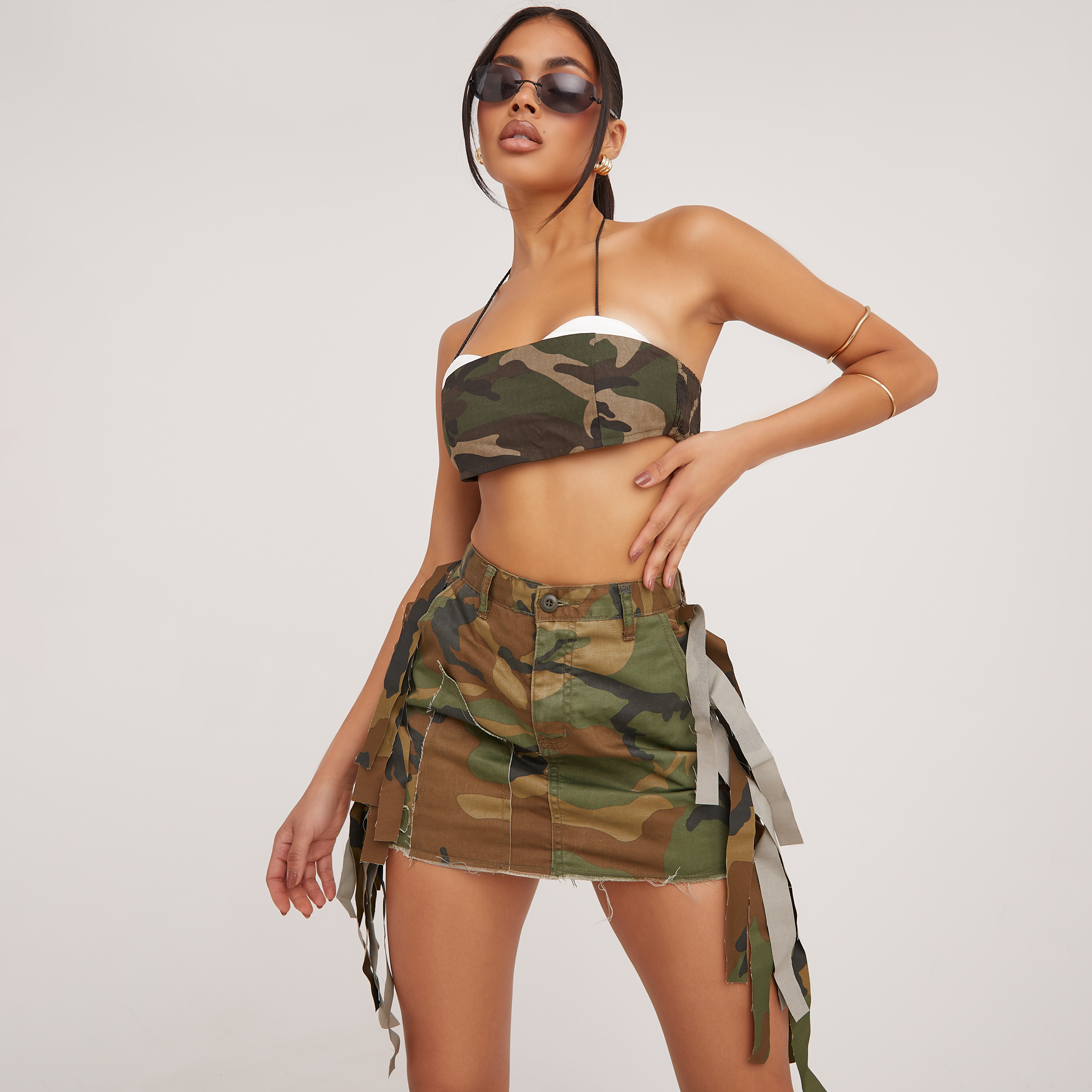 Halterneck Cupped Detail Bralet And Frayed Detail Mini Bodycon Skirt Co-Ord  Set In Khaki Camo