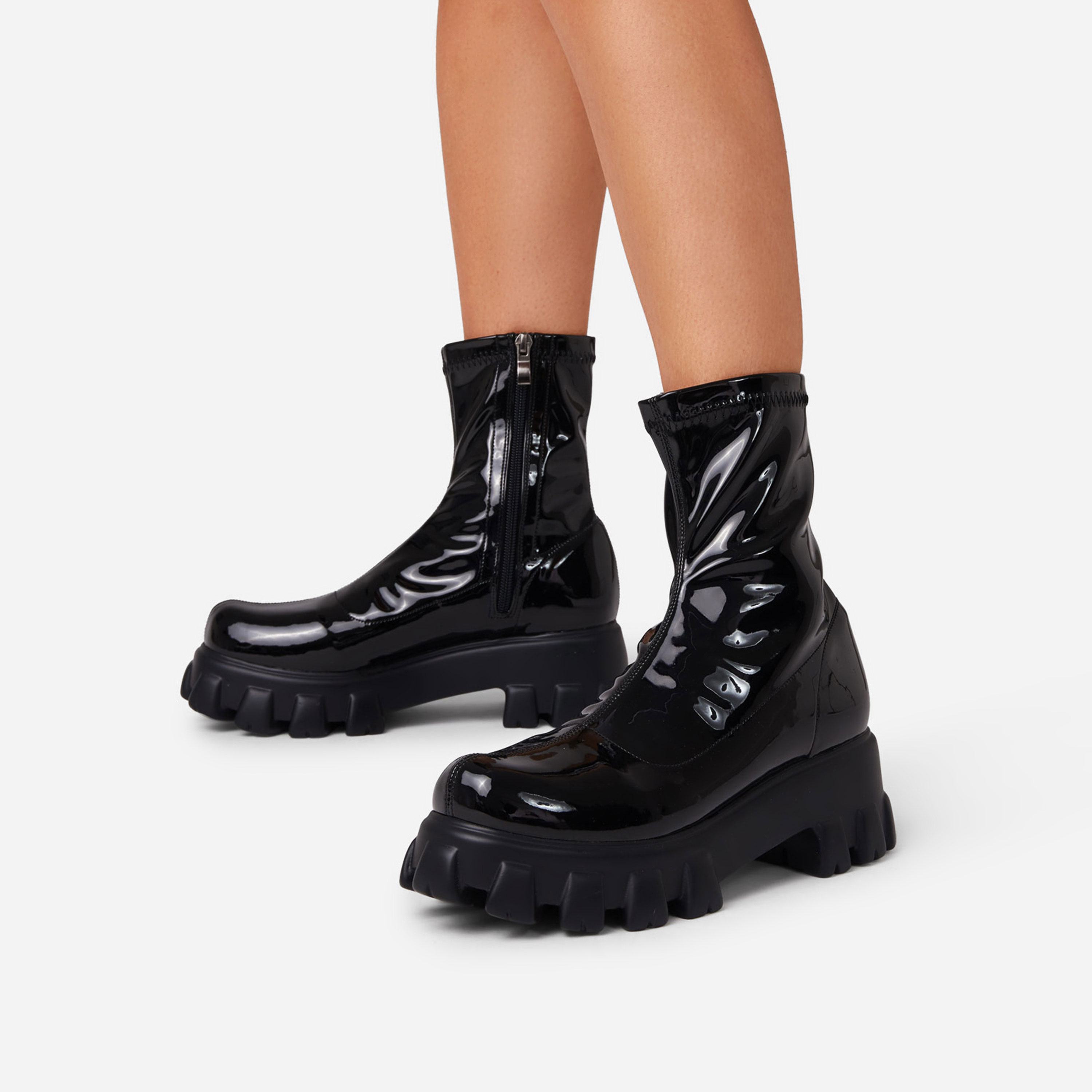 Paloma Chunky Sole Ankle Sock Biker Boot In Black Patent, Black (EGO SHOES)