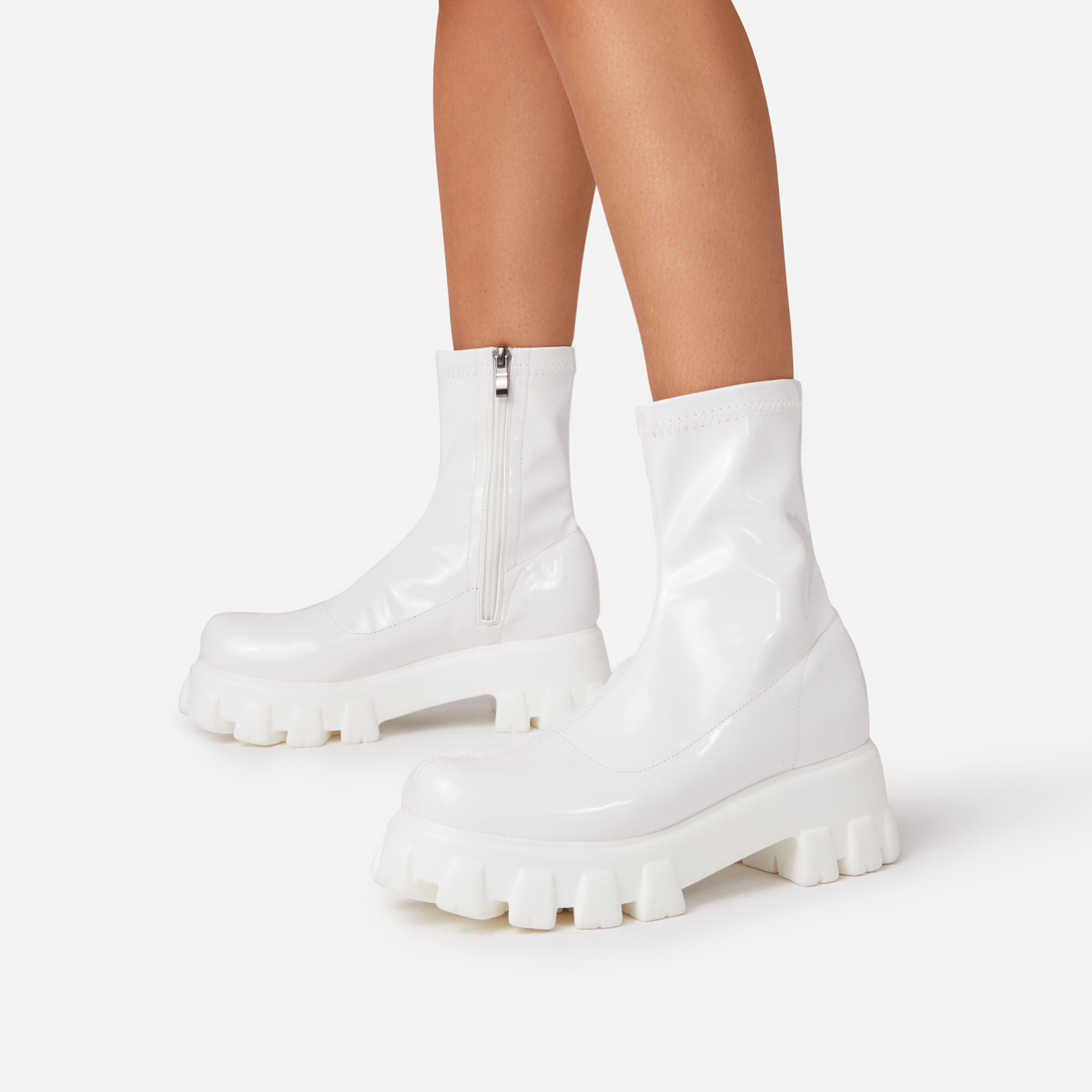 Paloma Chunky Sole Ankle Sock Biker Boot In White Patent, White (EGO SHOES)