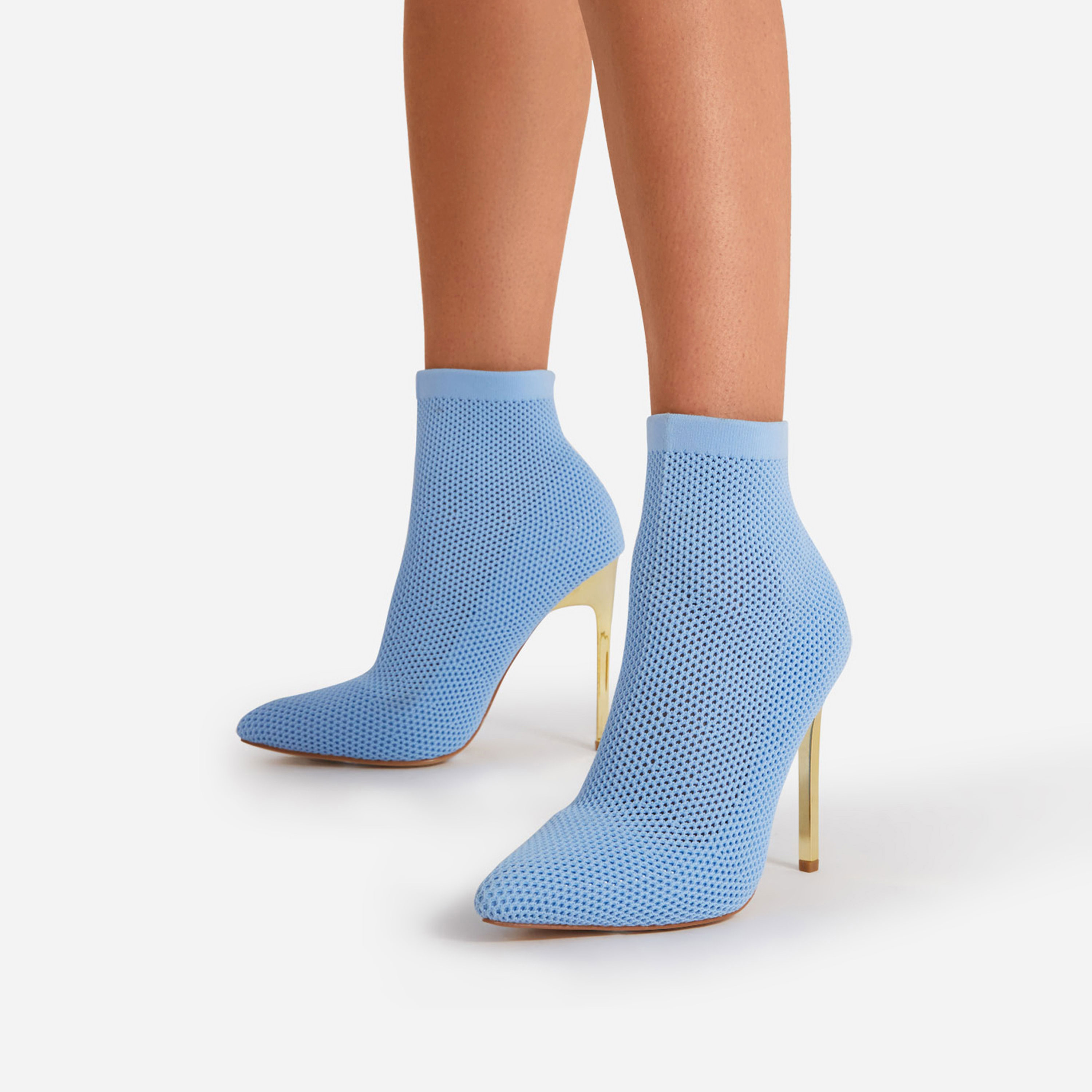 Romeo Pointed Toe Metallic Heel Ankle Sock Boot In Blue Knit, Blue (EGO SHOES)