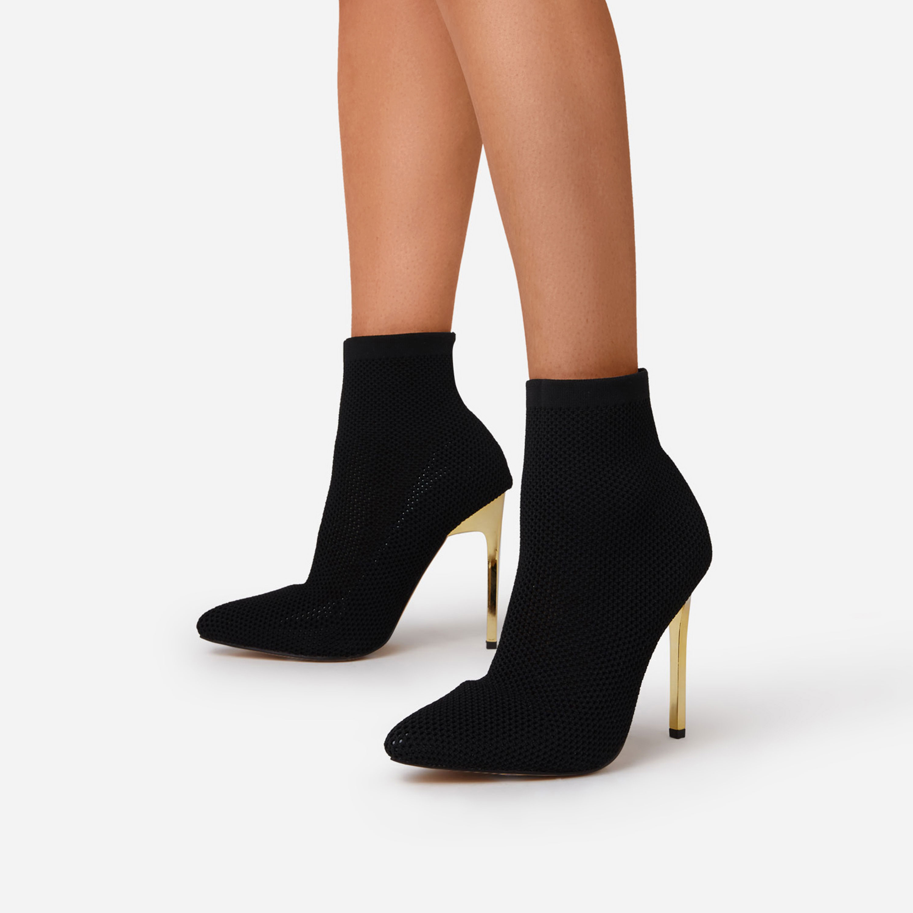 Romeo Pointed Toe Metallic Heel Ankle Sock Boot In Black Knit, Black (EGO SHOES)