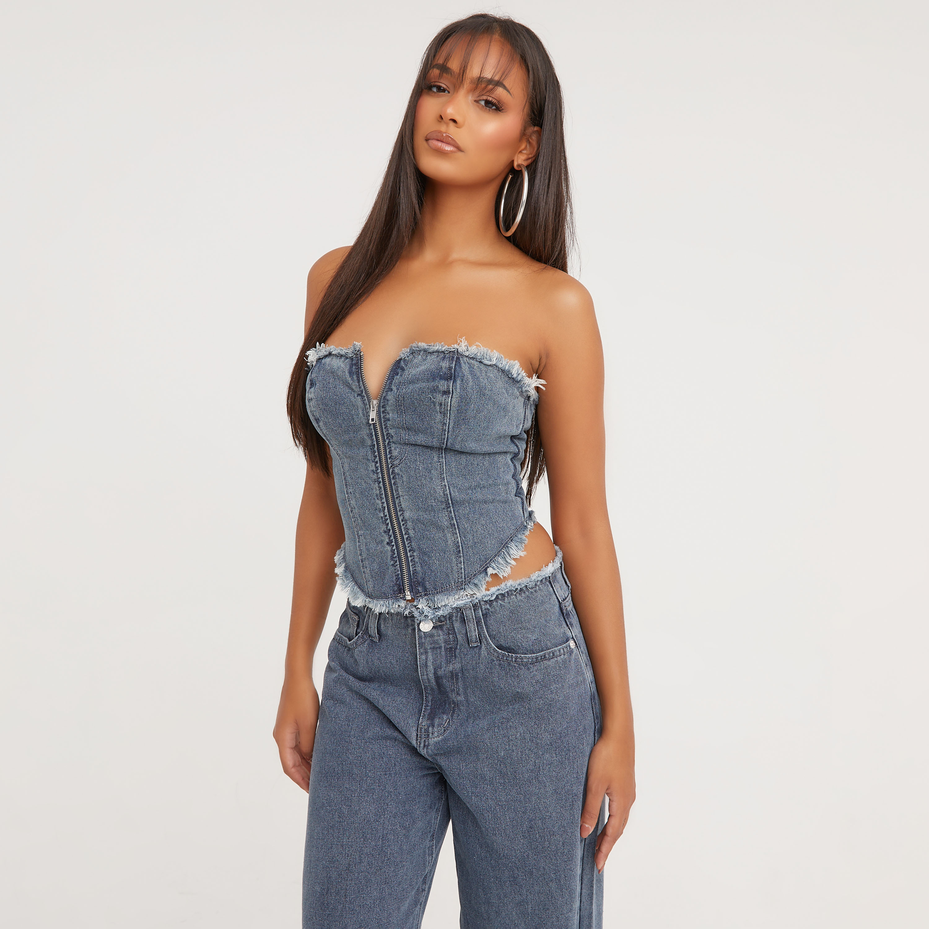 Colorblock Denim Strappy Corset Top