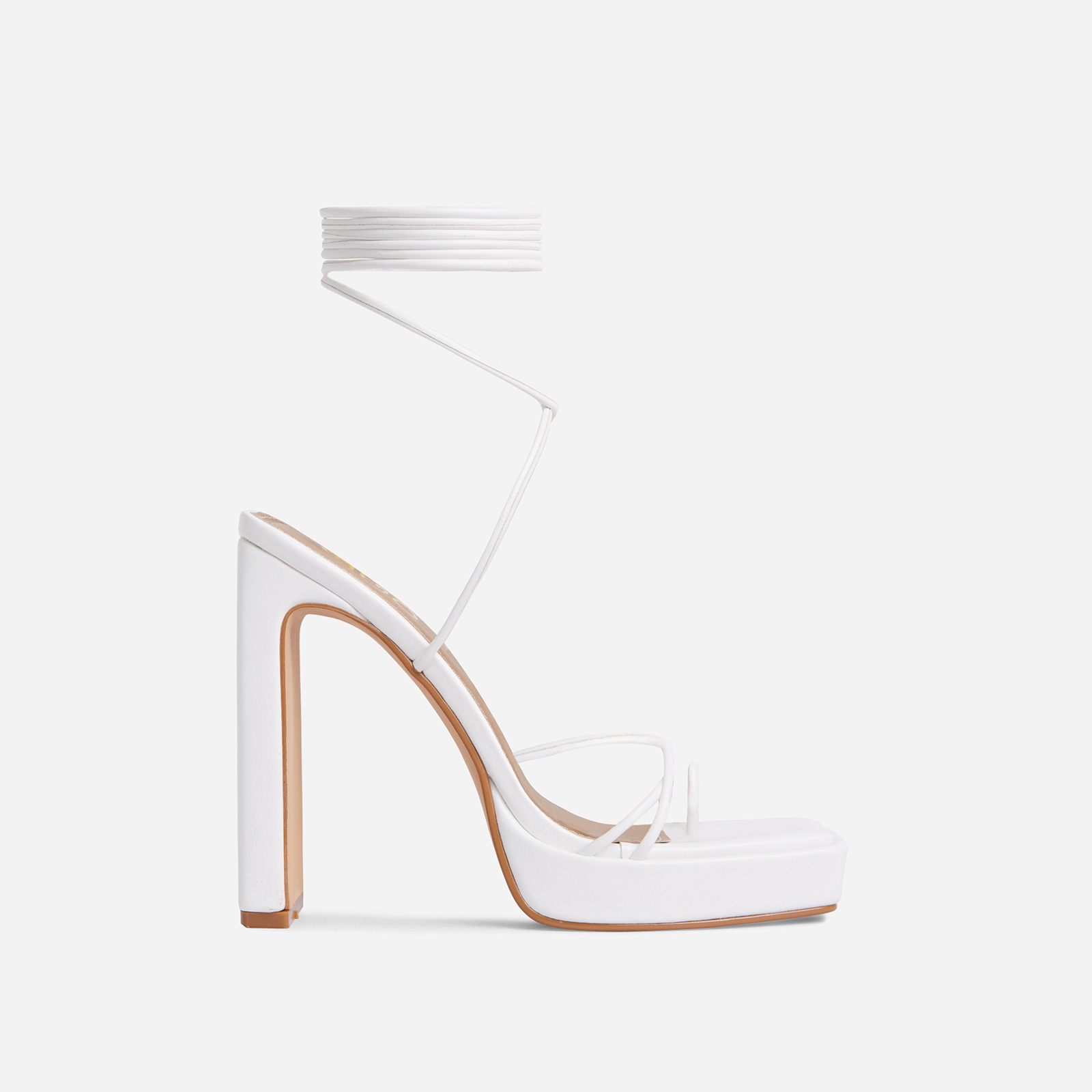 Gemini Strappy Lace Up Square Toe Platform Thin Block Heel In White Faux Leather, White (EGO SHOES)