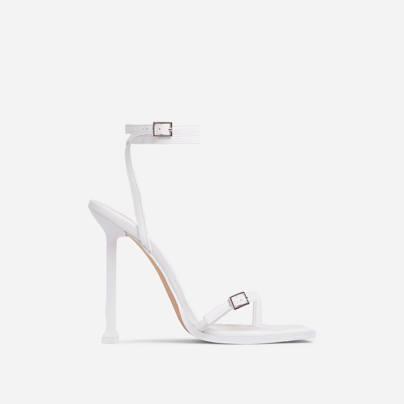 Party-Hardy Barely There Buckle Detail Square Toe Heel In White Faux Leather, White (EGO SHOES)