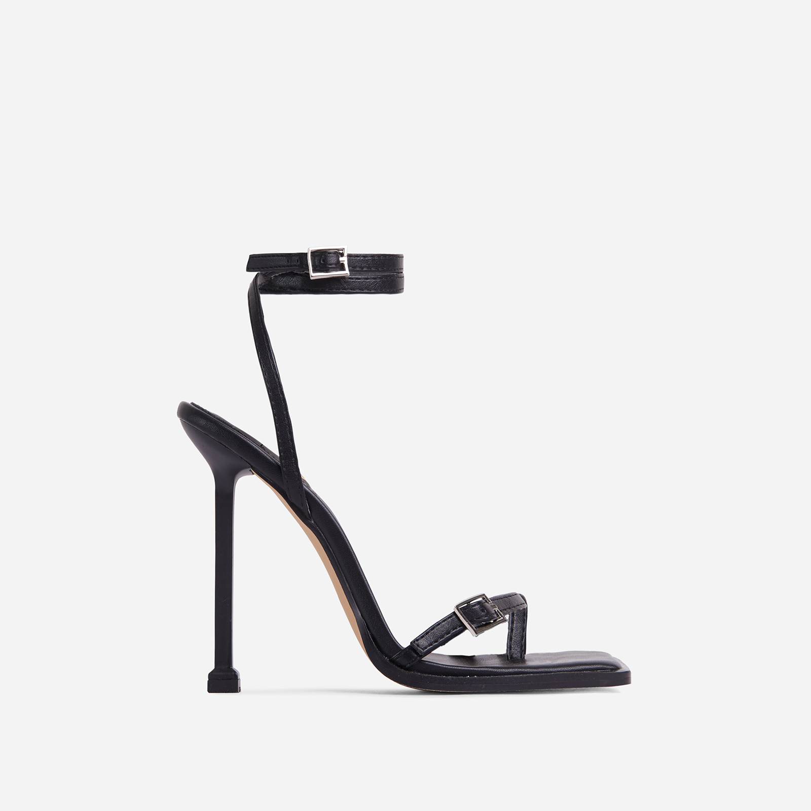 Party-Hardy Barely There Buckle Detail Square Toe Heel In Black Faux Leather, Black (EGO SHOES)