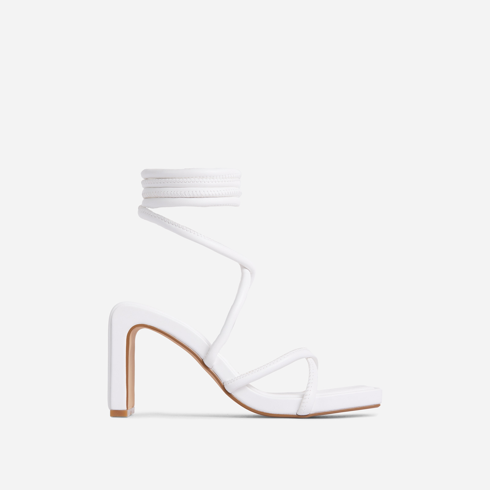 Lana Strappy Chunky Lace Up Square Toe Thin Low Block Heel In White Faux Leather, White (EGO SHOES)