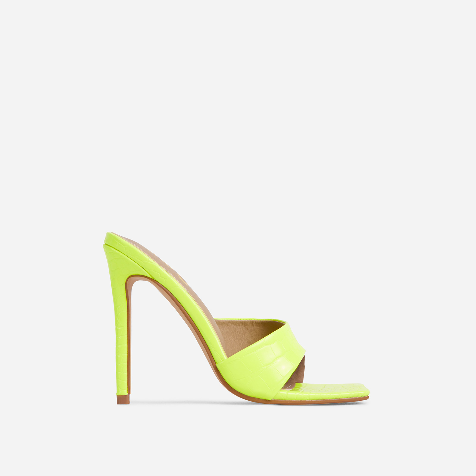 Glad Square Peep Toe Heel Mule In Lime Green Croc Print Faux Leather, Green (EGO SHOES)