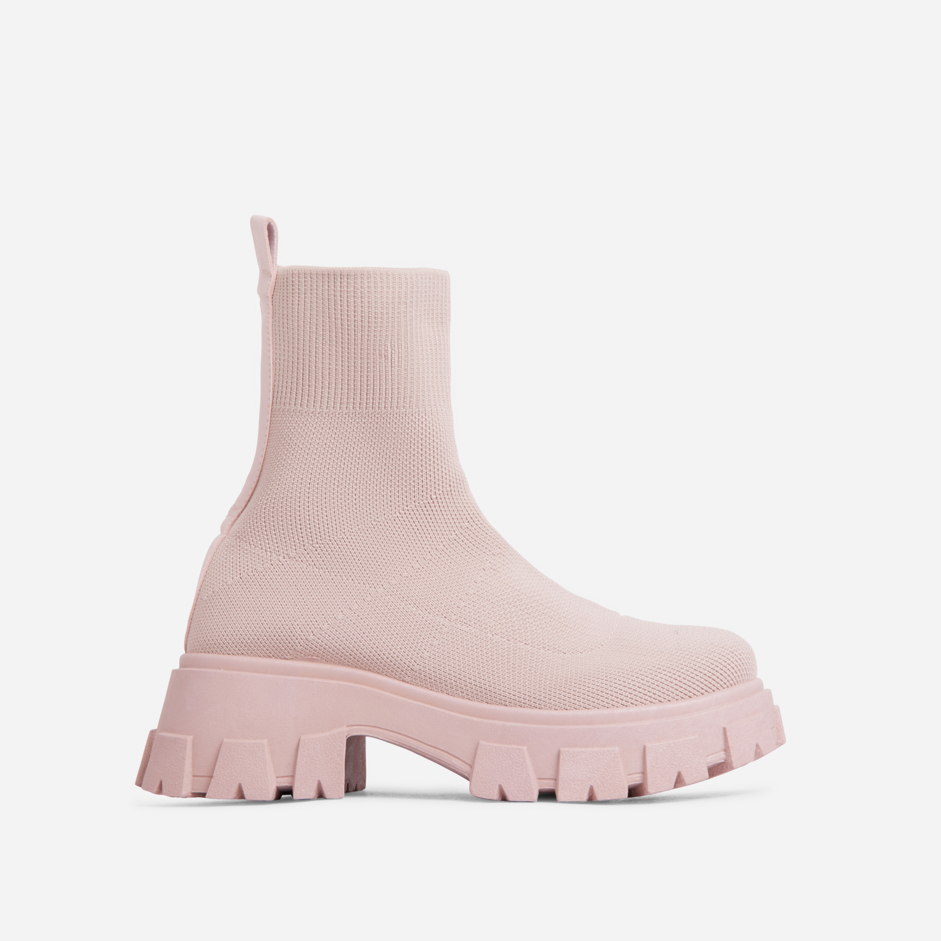 Don't-Trust Chunky Sole Ankle Chelsea Sock Biker Boot In Light Pink Knit, Pink (EGO SHOES)