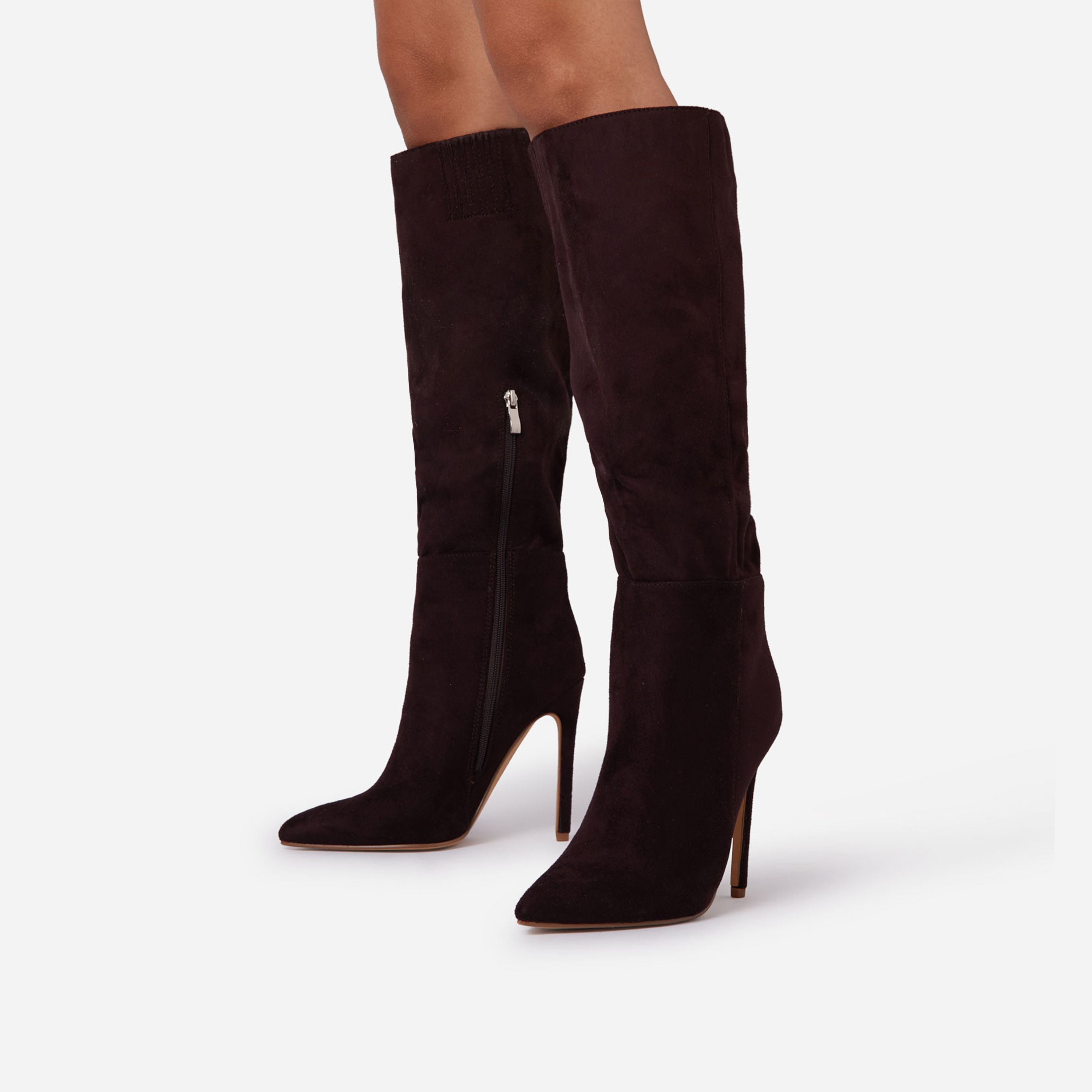 Homage Pointed Toe Stiletto Heel Knee High Long Boot In Dark Brown Faux Suede, Brown (EGO SHOES)