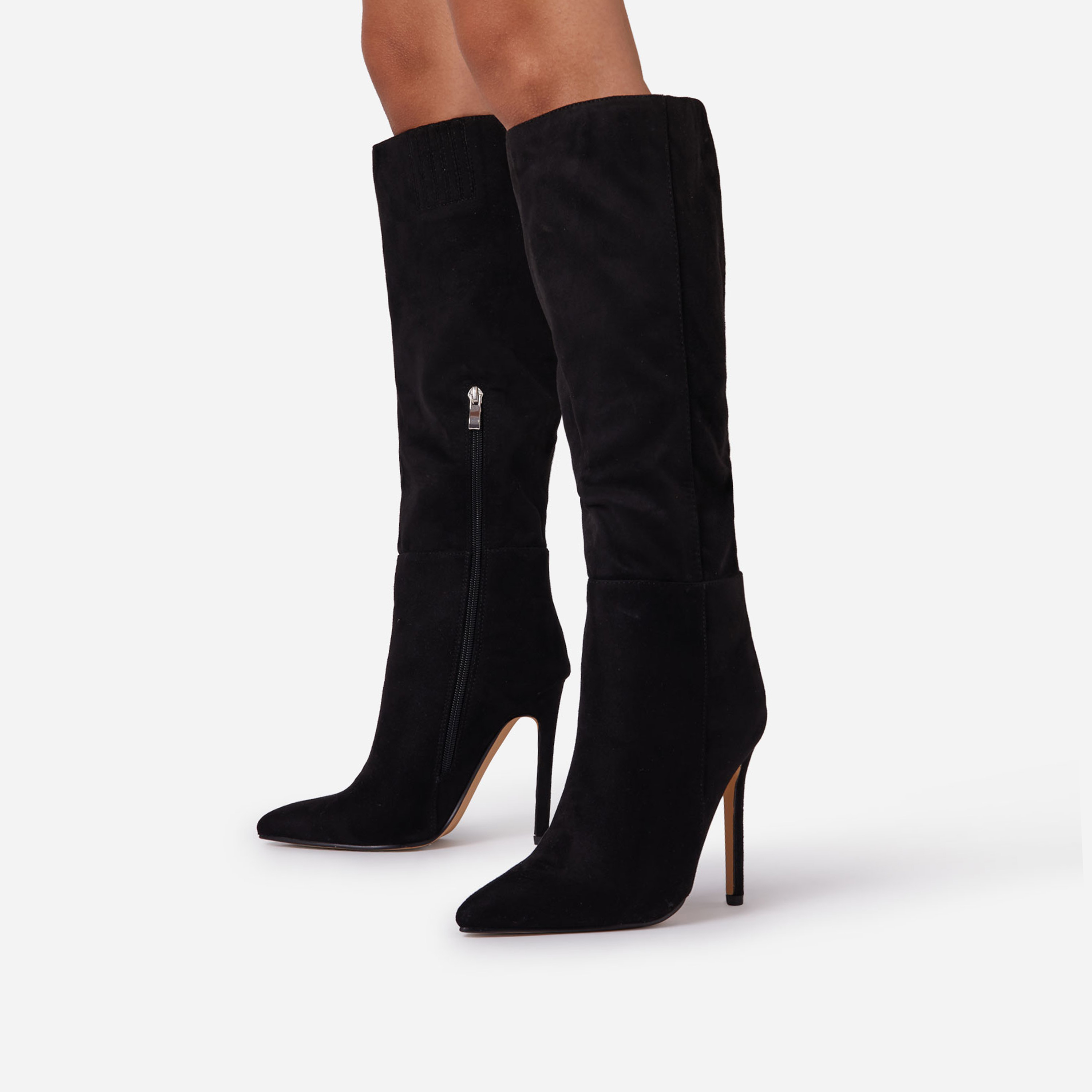 Homage Pointed Toe Stiletto Heel Knee High Long Boot In Black Faux Suede, Black (EGO SHOES)