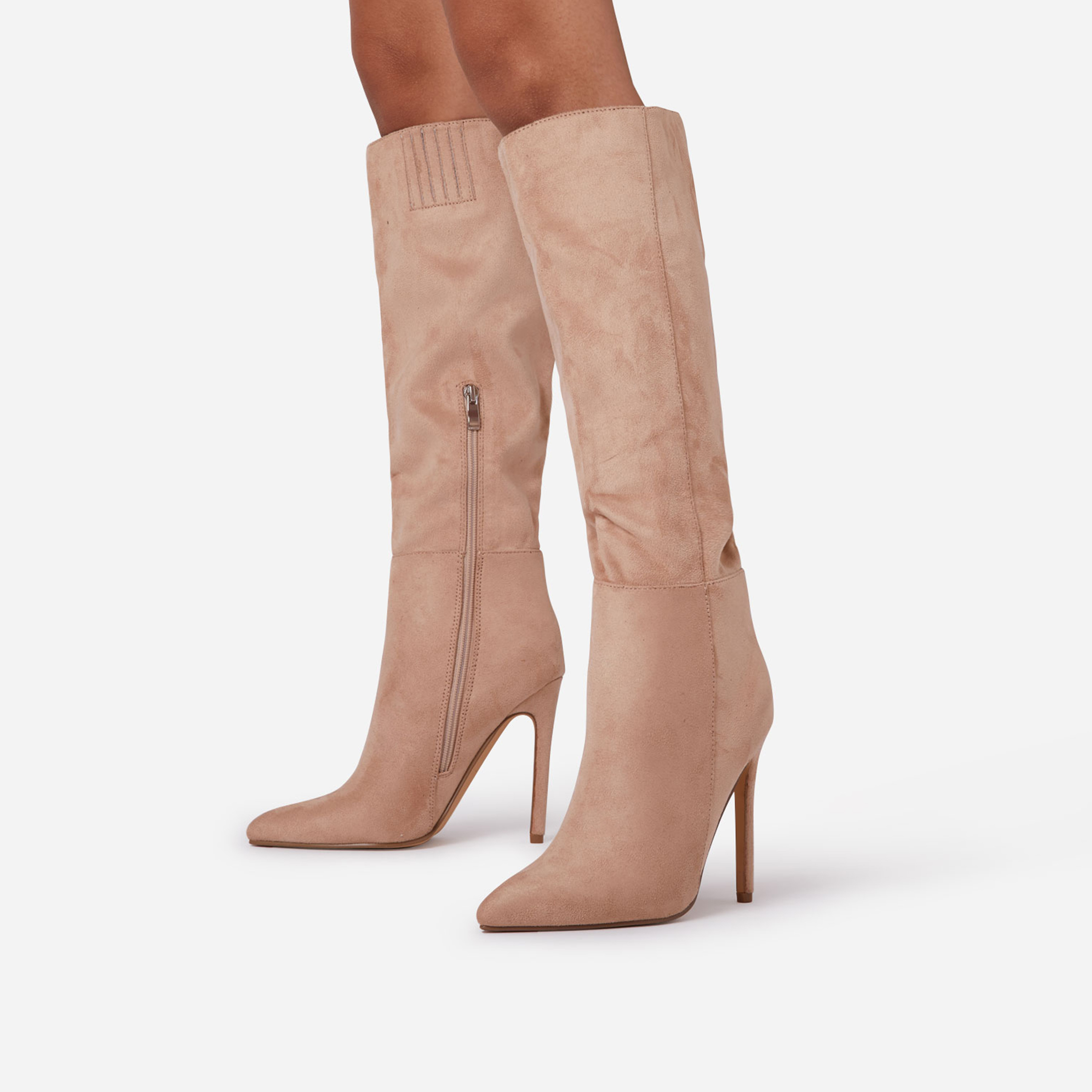 Homage Pointed Toe Stiletto Heel Knee High Long Boot In Nude Faux Suede, Nude (EGO SHOES)