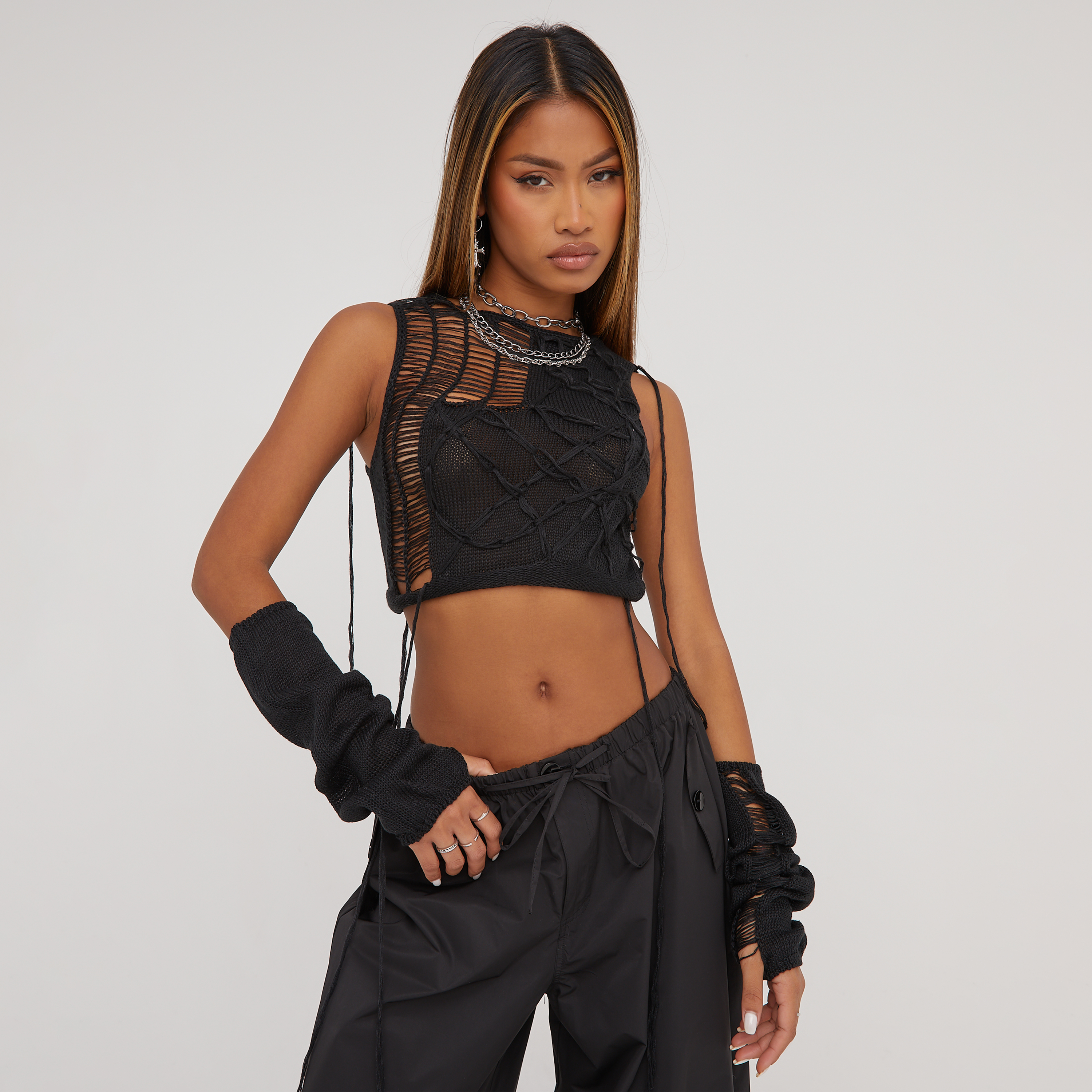 Sleeveless Distressed Detail Crop Top With Sleeves In Black Knit