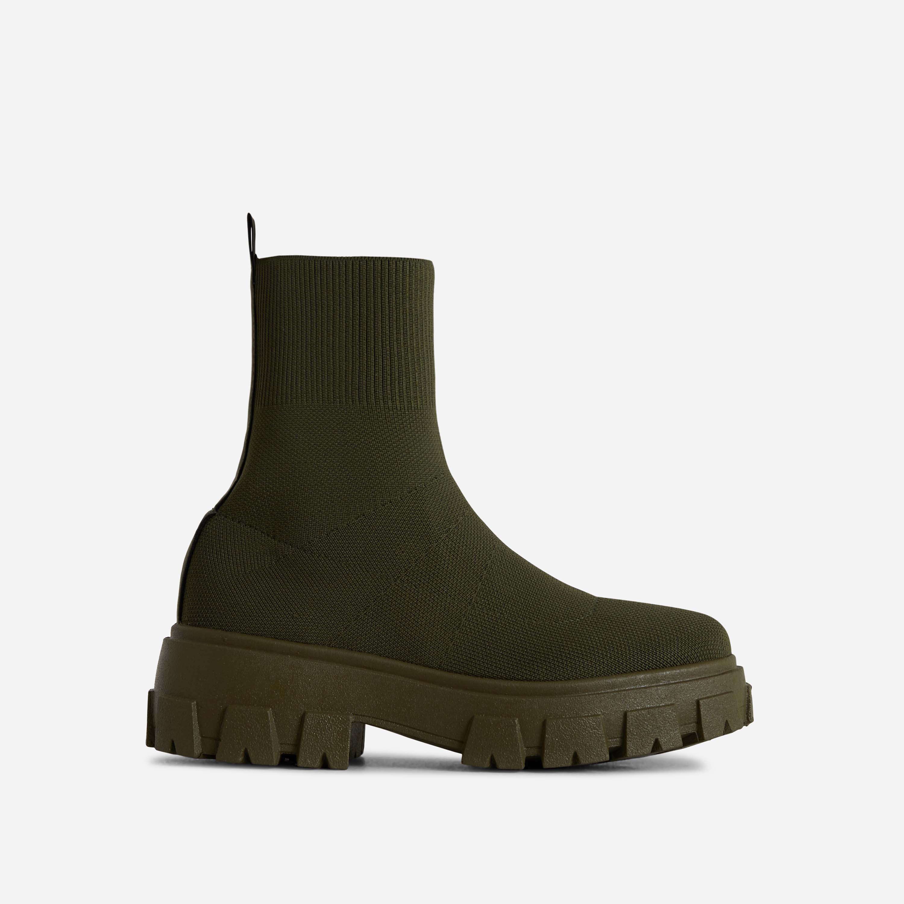 Don't-Trust Chunky Sole Ankle Chelsea Sock Biker Boot In Green Knit, Green (EGO SHOES)