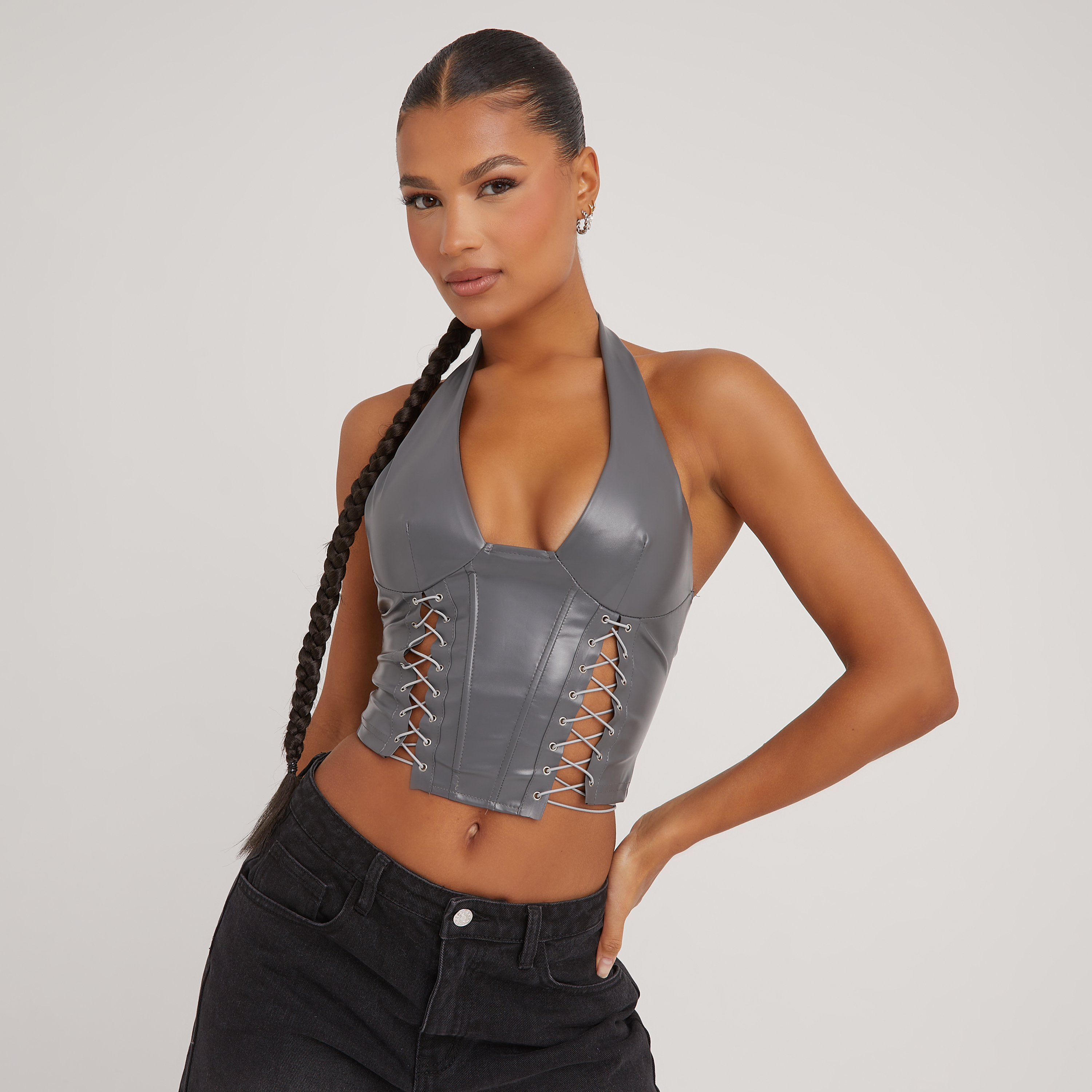 Plunge Halterneck Lace Up Detail Structured Corset Top In Grey Faux Leather