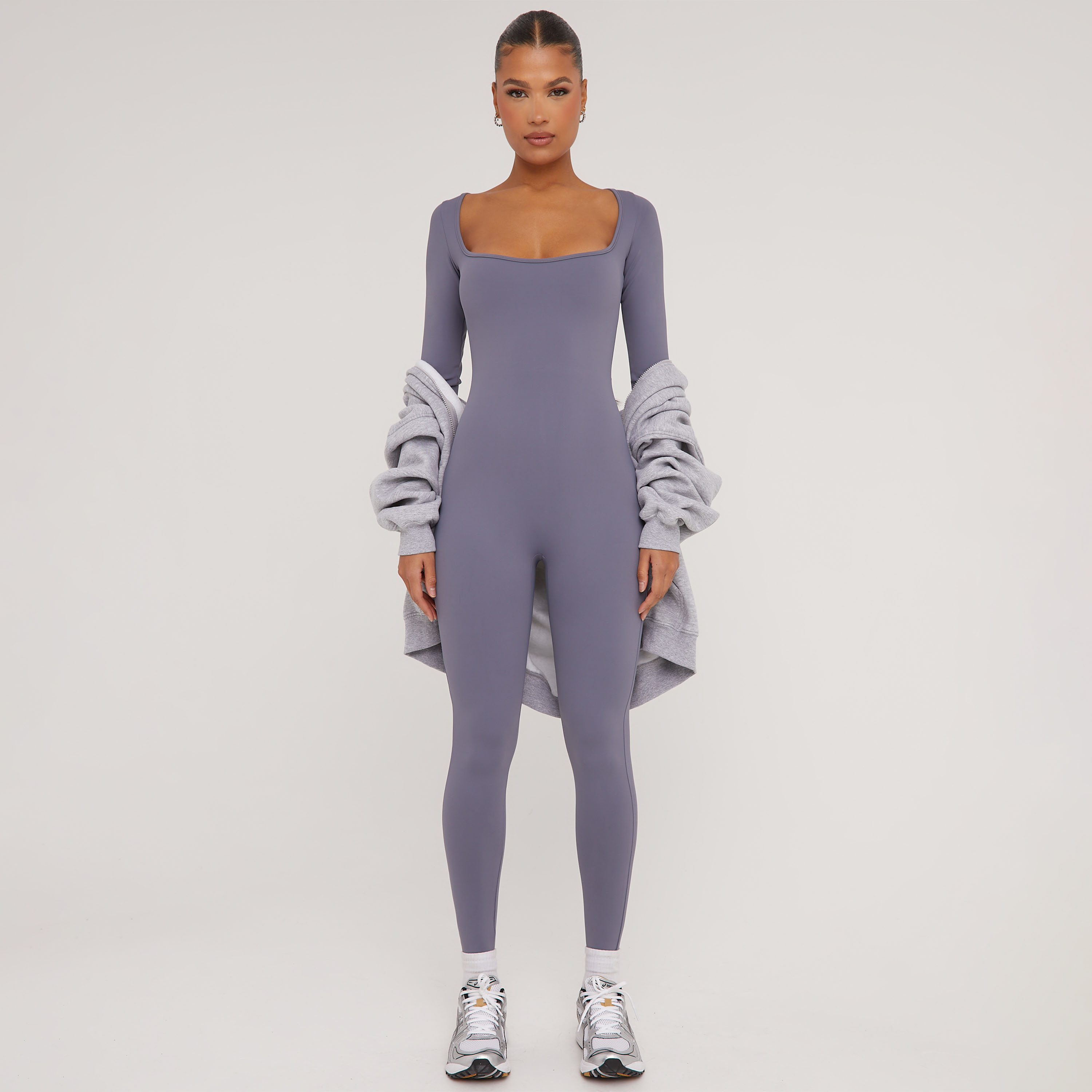 Long Sleeve Square Neck Super Stretch Jumpsuit In Charcoal