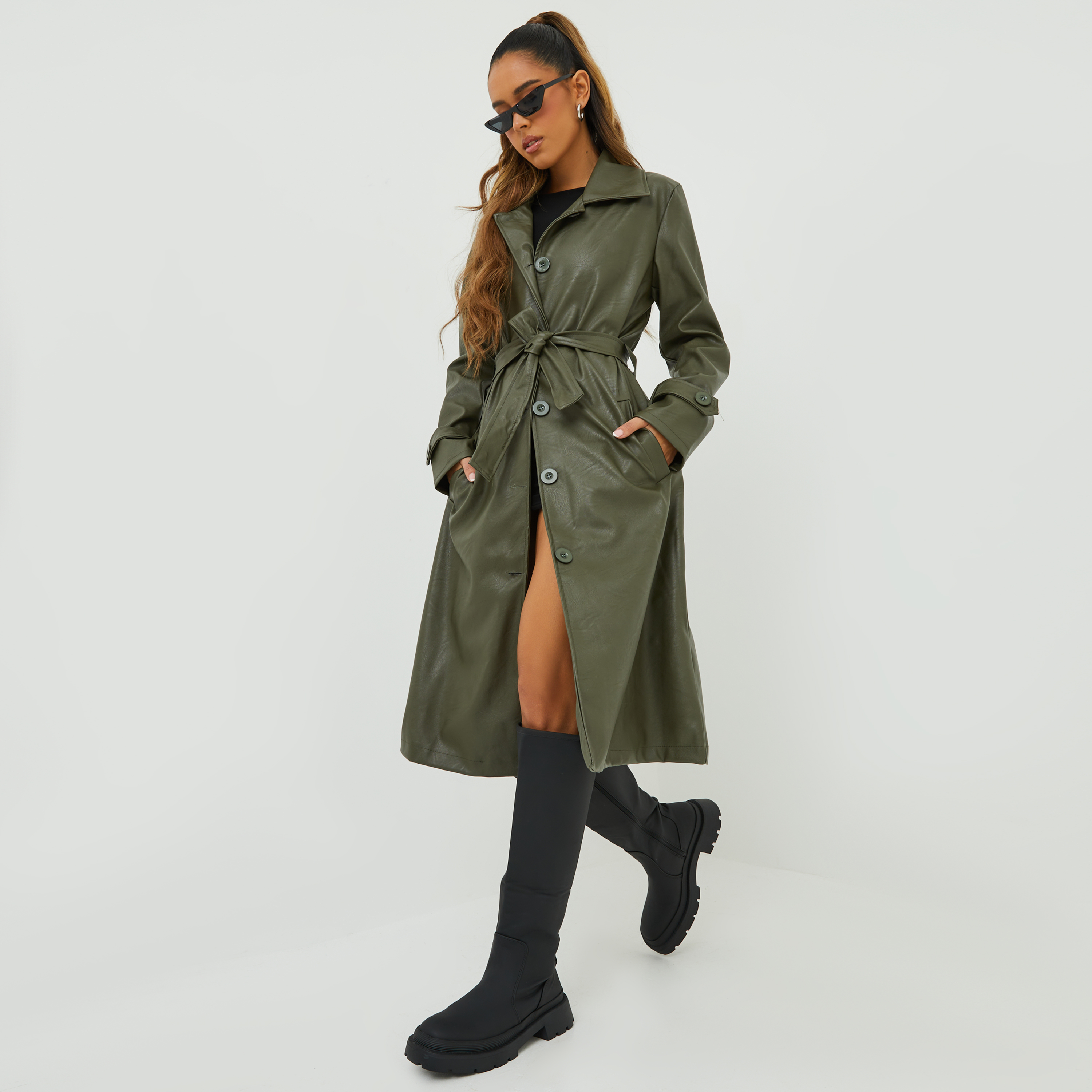 ASOS DESIGN faux leather trench coat in green faux croc