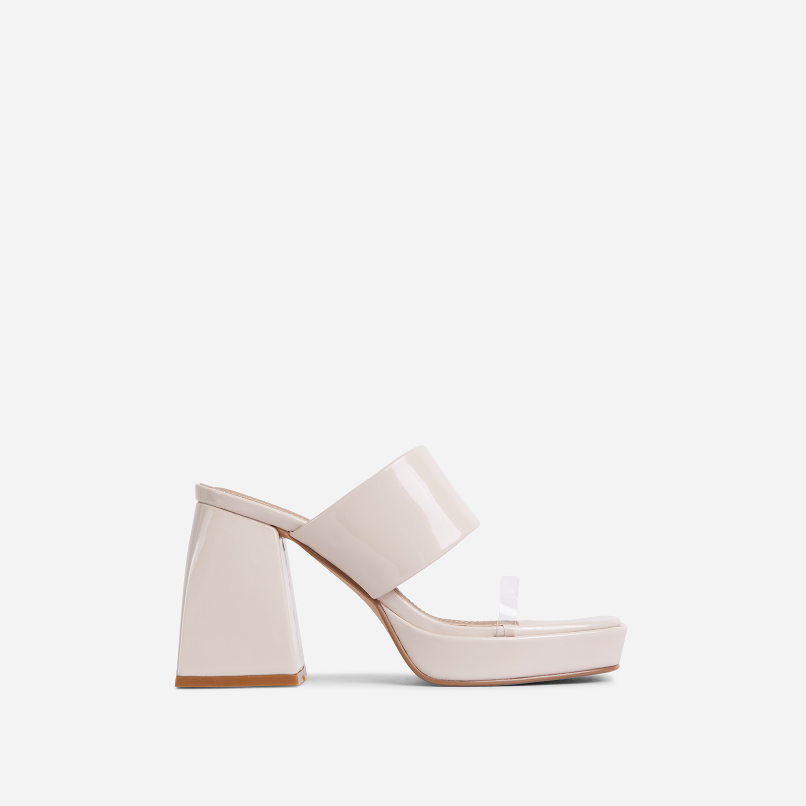 Cynthia Wide Fit Clear Perspex Double Strap Square Toe Platform Block Heel Mule In Cream Nude Patent, Nude (EGO SHOES)