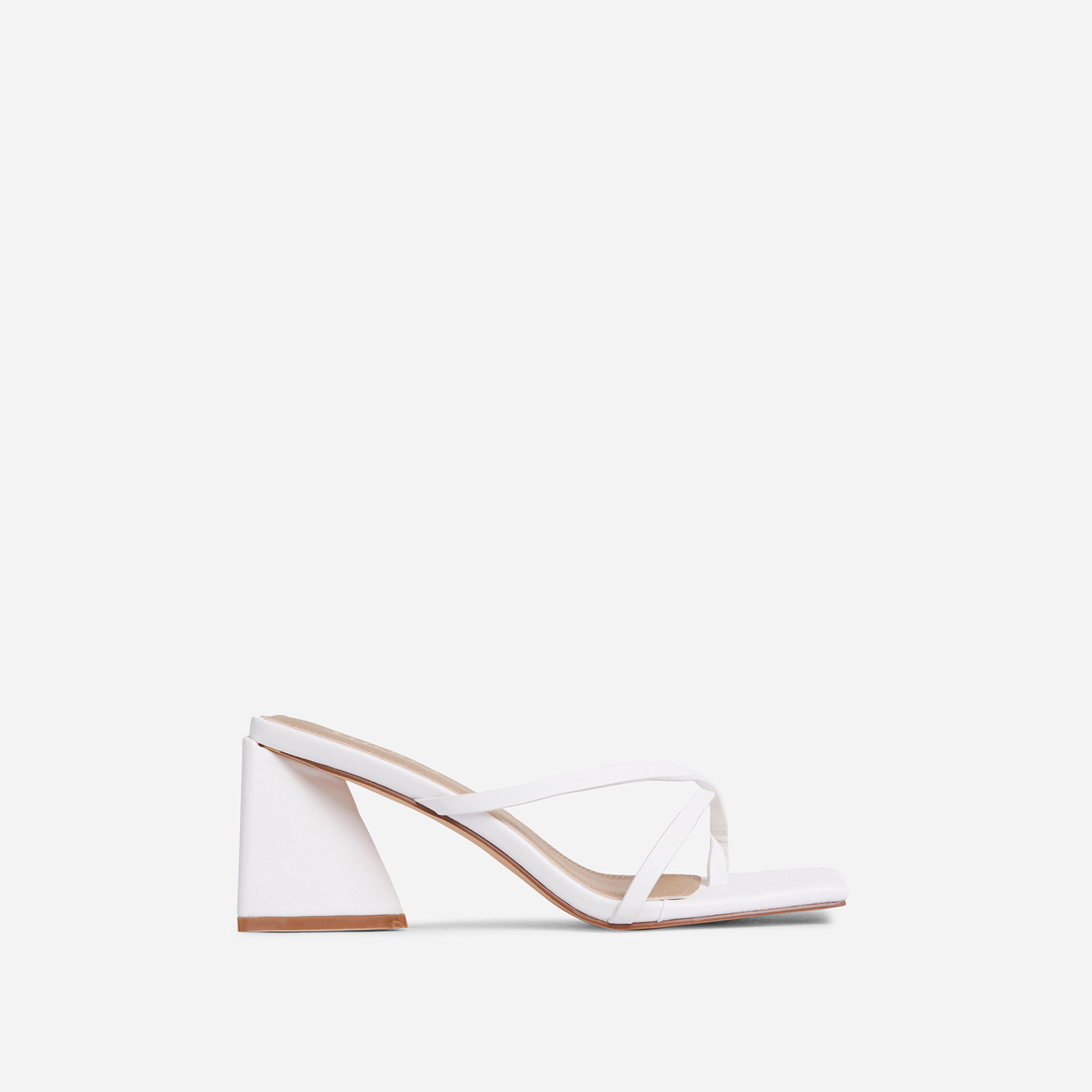 Fern Strappy Square Toe Sculptured Flared Low Block Heel Mule In White Faux Leather, White (EGO SHOES)