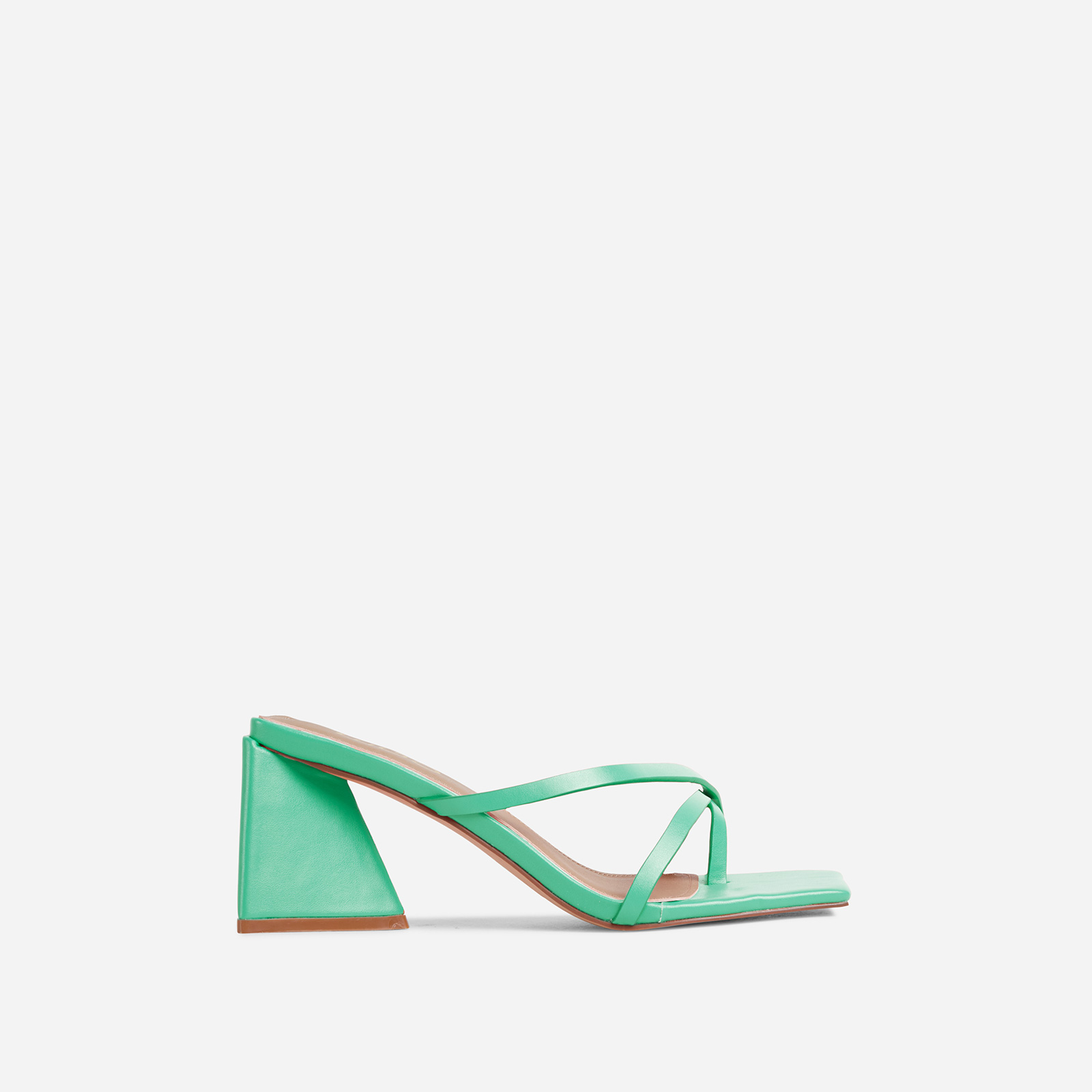 Fern Strappy Square Toe Sculptured Flared Low Block Heel Mule In Green Faux Leather, Green (EGO SHOES)