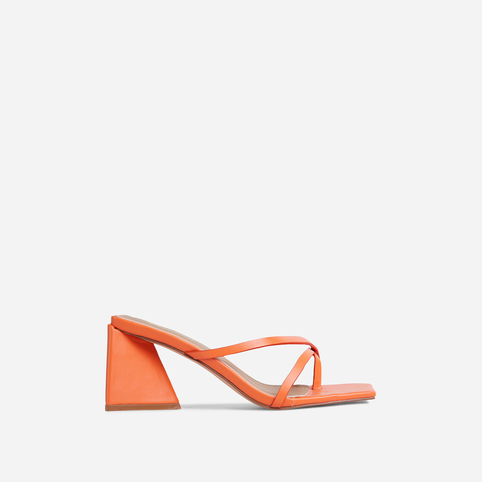 Fern Strappy Square Toe Sculptured Flared Low Block Heel Mule In Orange Faux Leather, Orange (EGO SHOES)