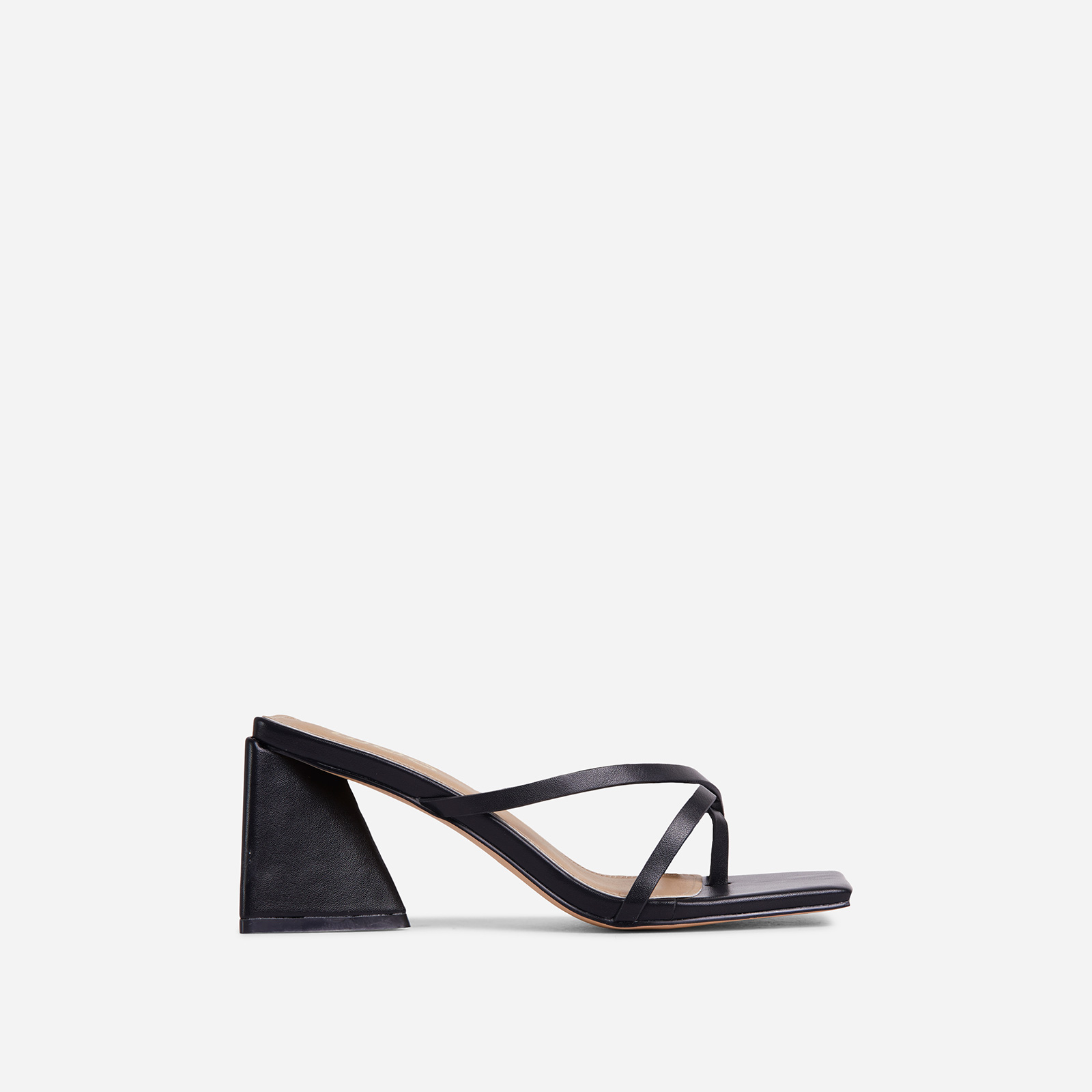 Fern Strappy Square Toe Sculptured Flared Low Block Heel Mule In Black Faux Leather, Black (EGO SHOES)