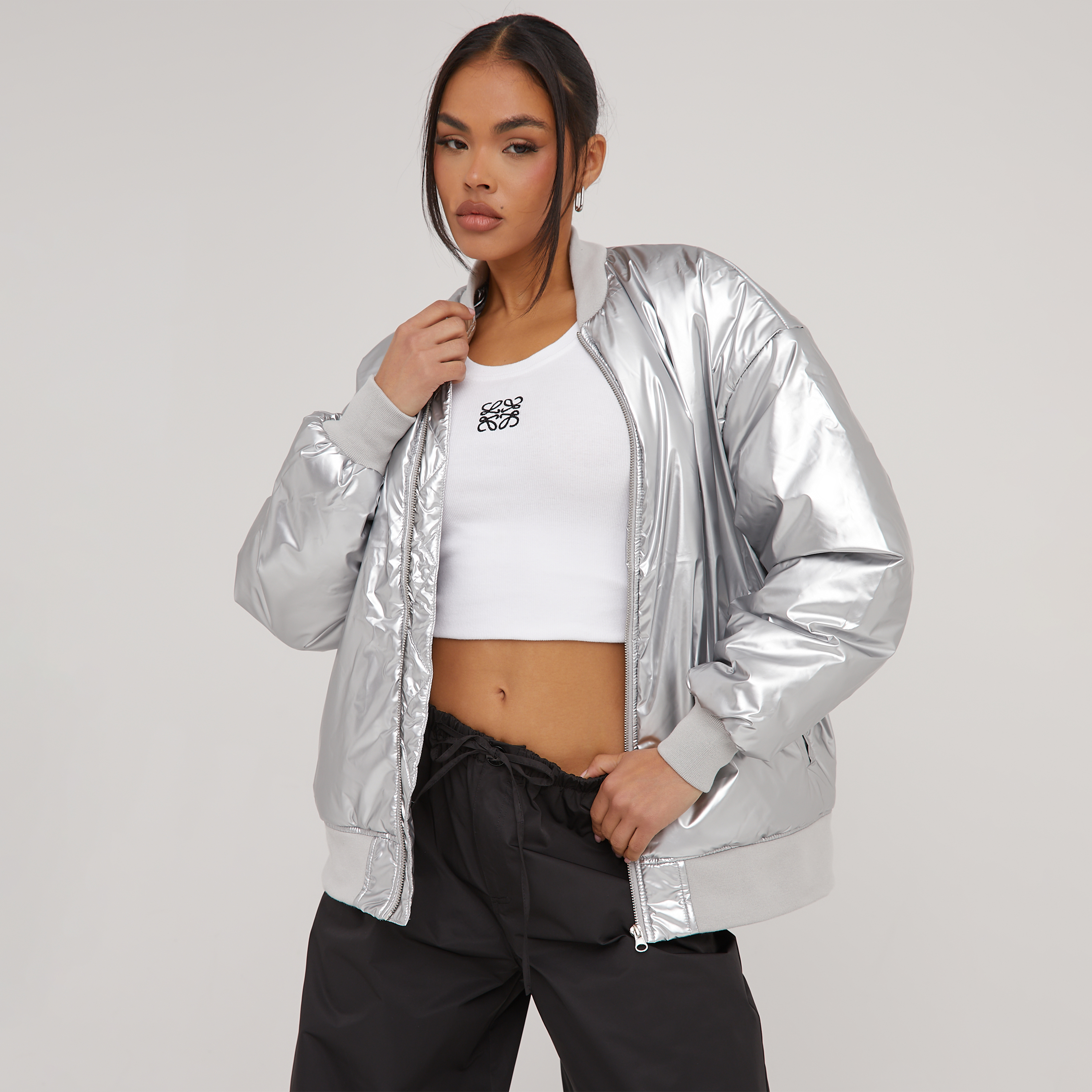 Buy Silver 100% Cotton Plain Round Collar Foil Effect Bomber Jacket For  Women by Mellowdrama Online at Aza Fashions.