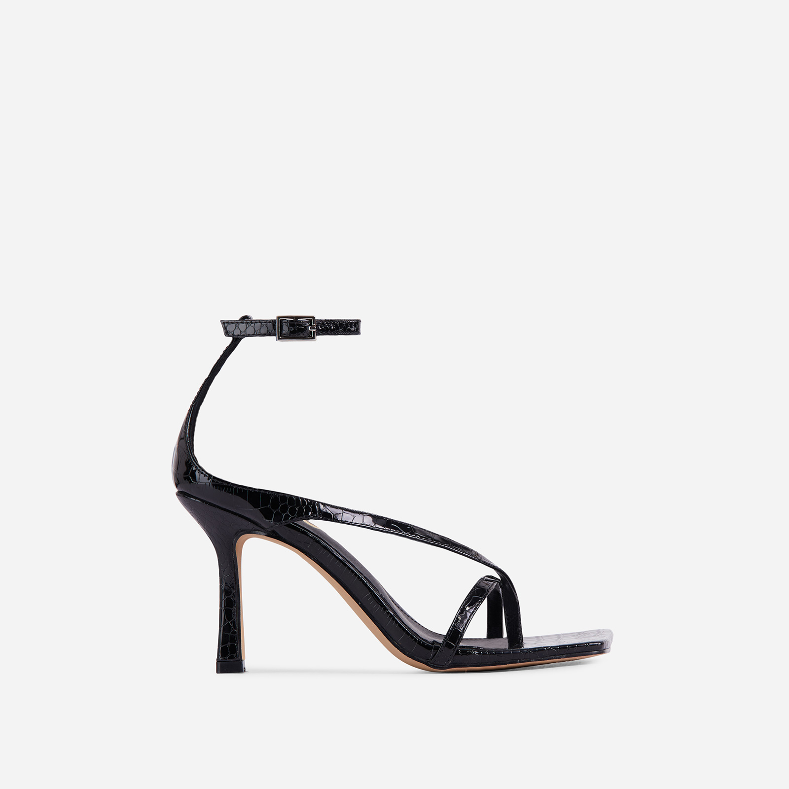 Eve Square Toe Strappy Heel In Black Croc Print Patent, Black (EGO SHOES)