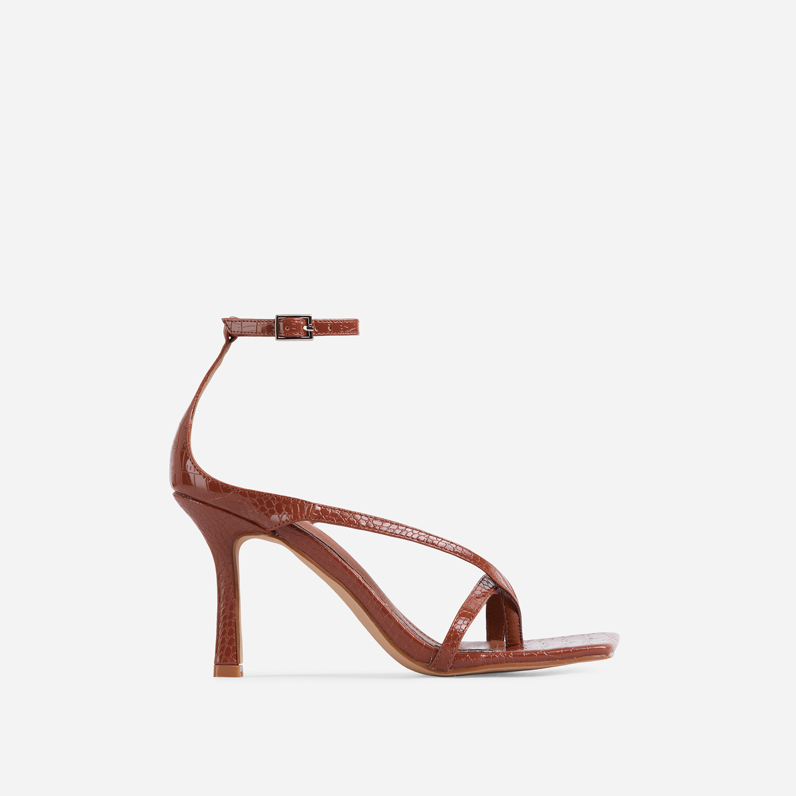 Eve Square Toe Strappy Heel In Tan Brown Croc Print Patent, Brown (EGO SHOES)