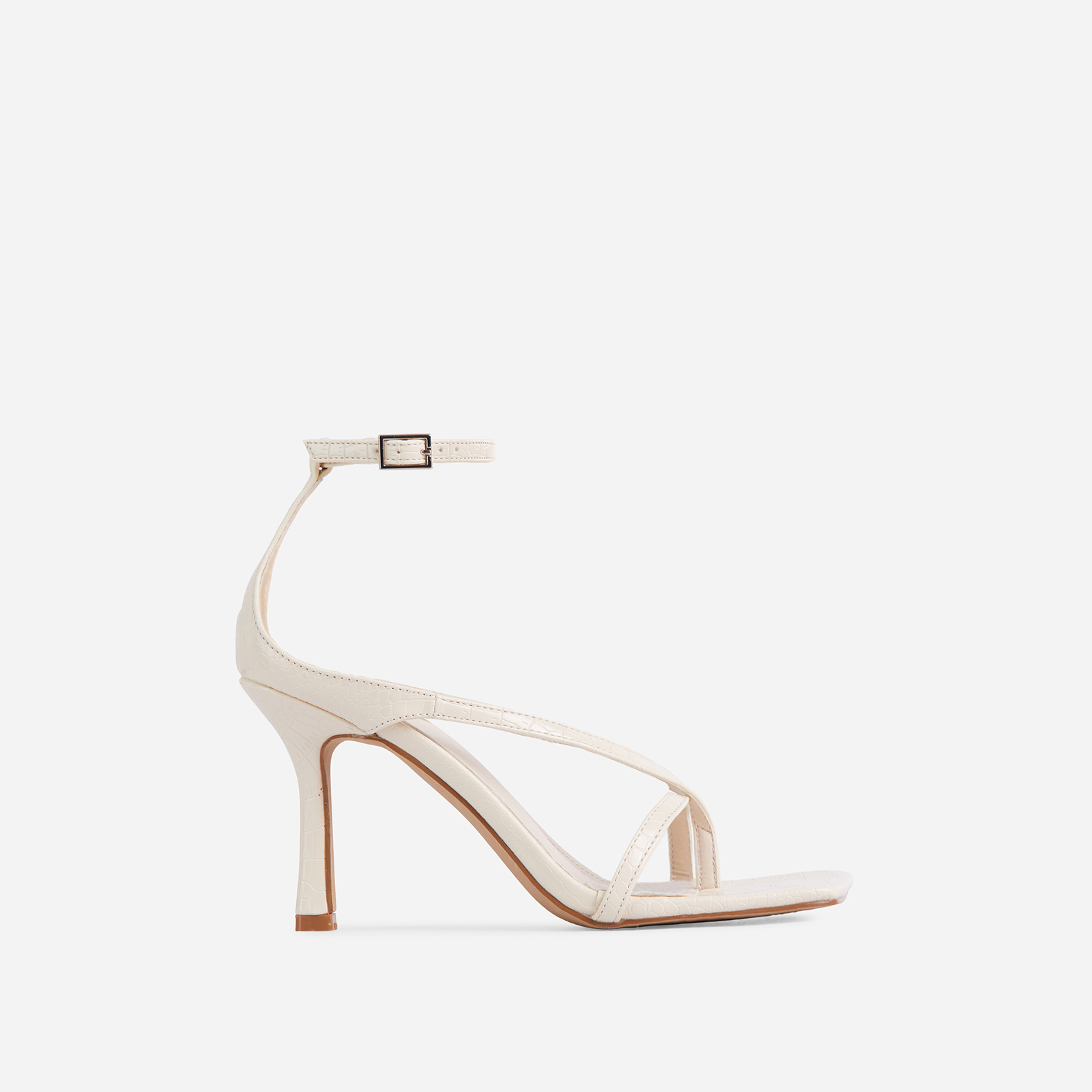 Eve Square Toe Strappy Heel In Cream Croc Print Patent, Nude (EGO SHOES)