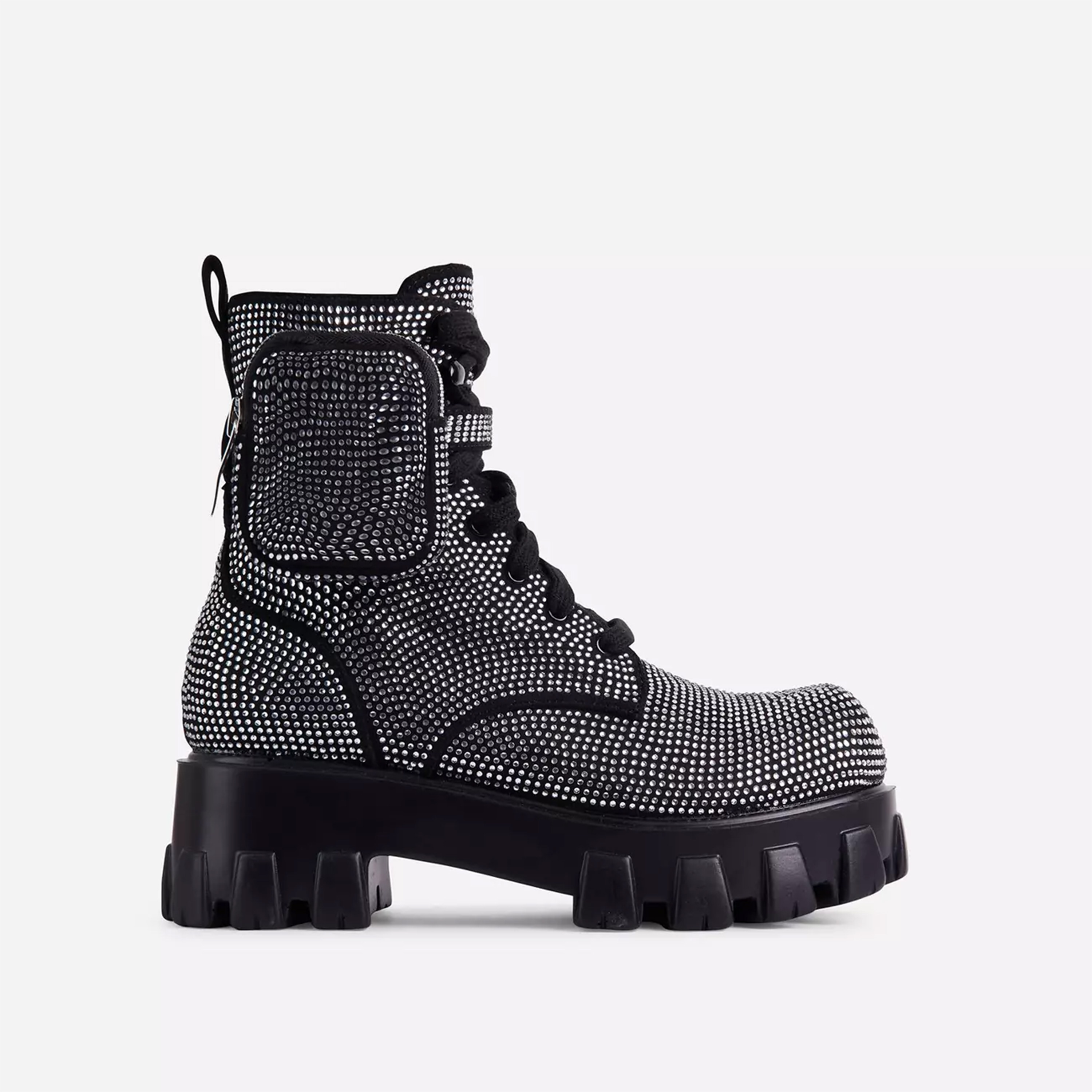 Iced Diamante Pocket Detail Lace Up Chunky Sole Ankle Biker Boot In Black Faux Leather, Black (EGO SHOES)