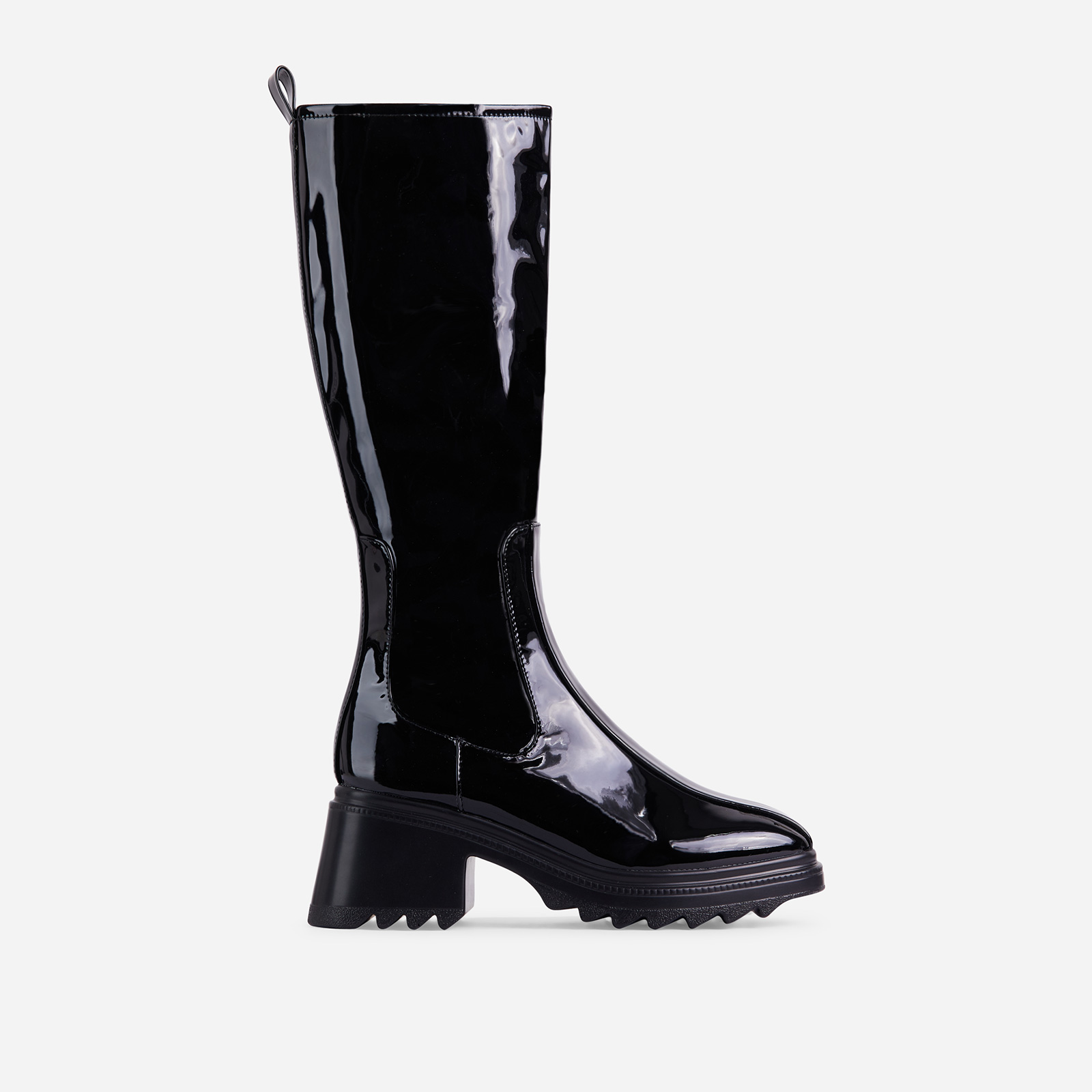 Burst Block Heel Knee High Long Wellington Boot In Black Patent, Black (EGO SHOES)