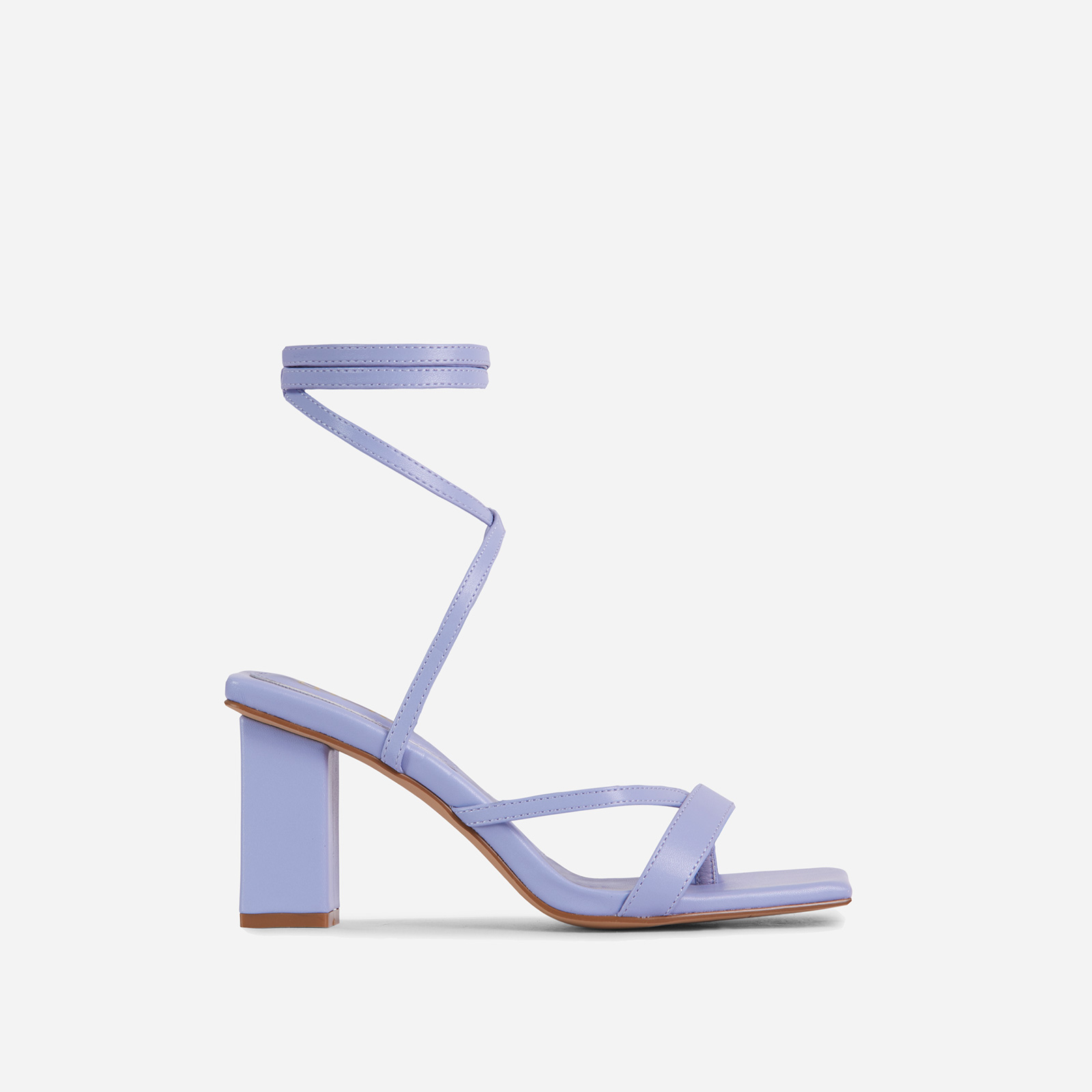 Euphoric Strappy Lace Up Square Toe Low Block Heel In Lilac Faux Leather, Purple (EGO SHOES)