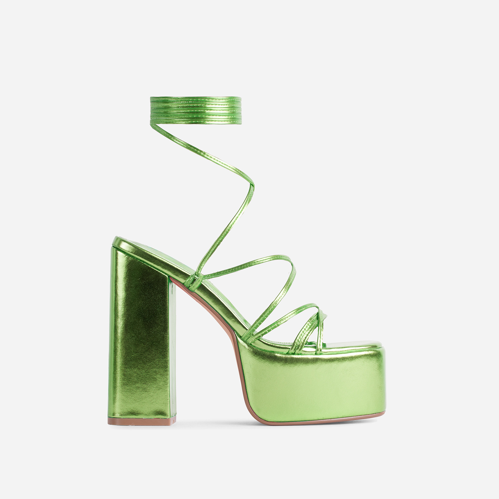 Mia Strappy Lace Up Square Toe Platform Block Heel In Green Metallic ...