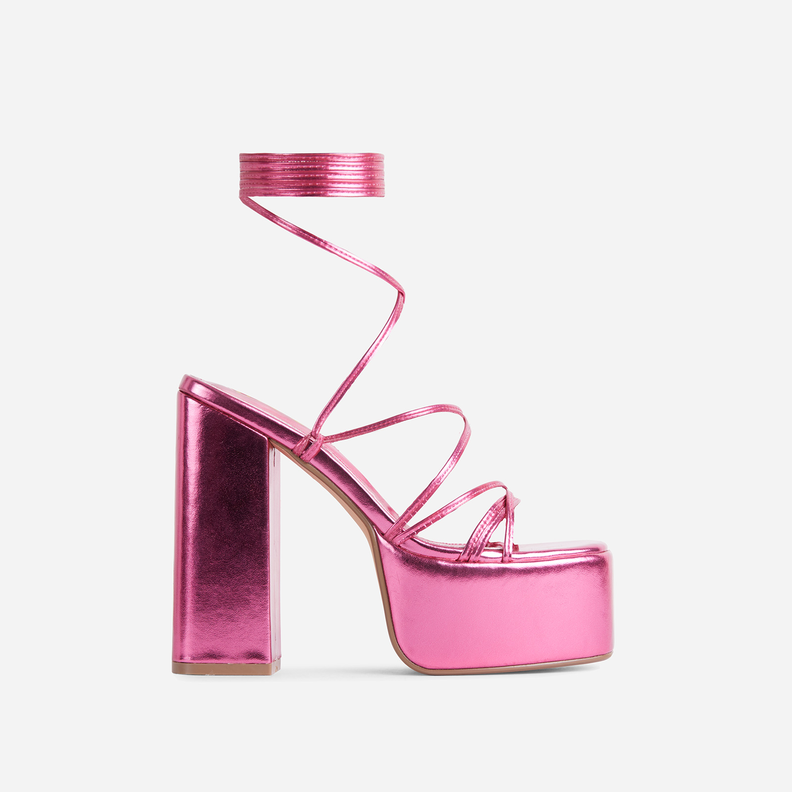 Mia Strappy Lace Up Square Toe Platform Block Heel In Pink Metallic Faux Leather, Pink (EGO SHOES)