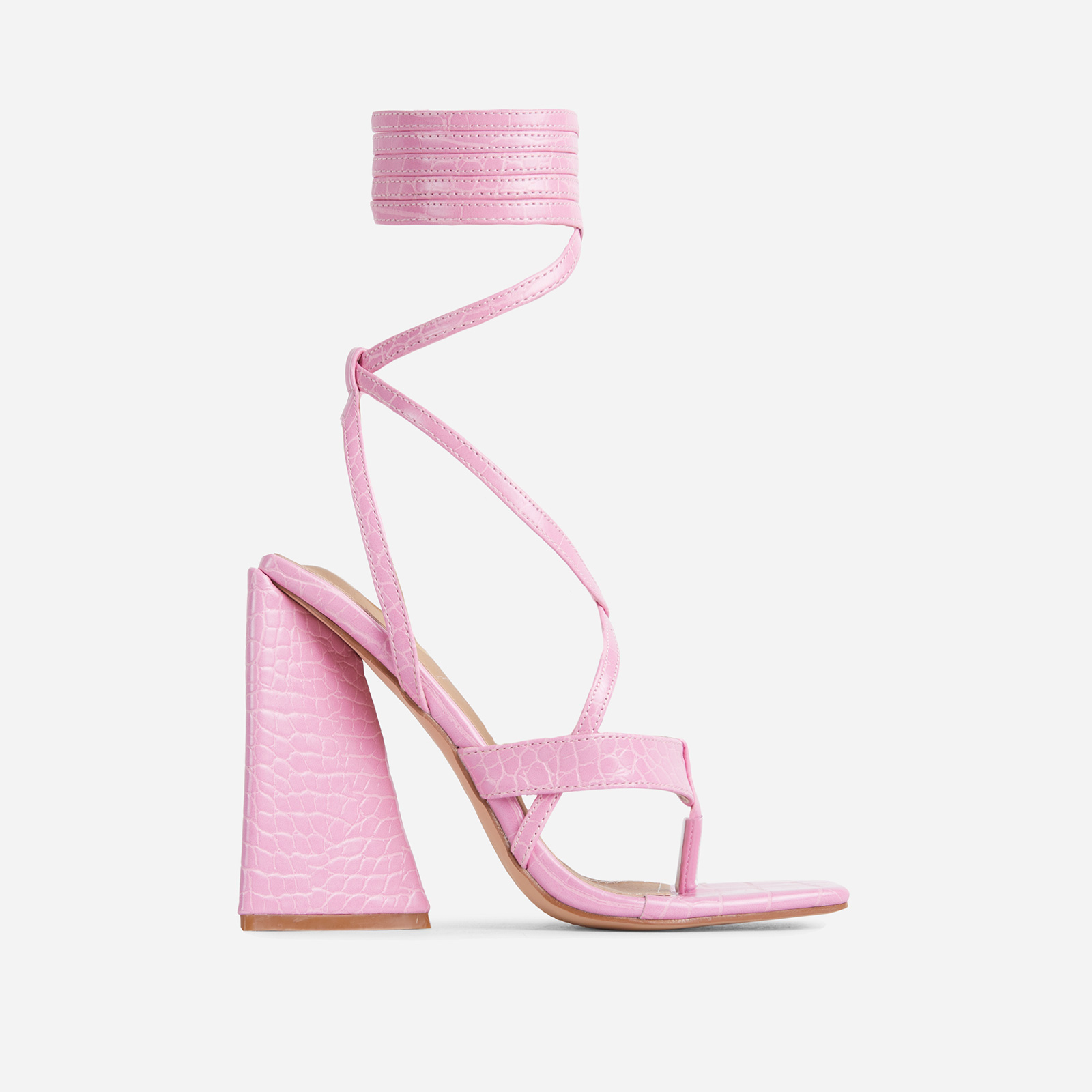 Salma Strappy Lace Up Square Toe Sculptured Flared Block Heel In Pink Croc Print Faux Leather, Pink (EGO SHOES)