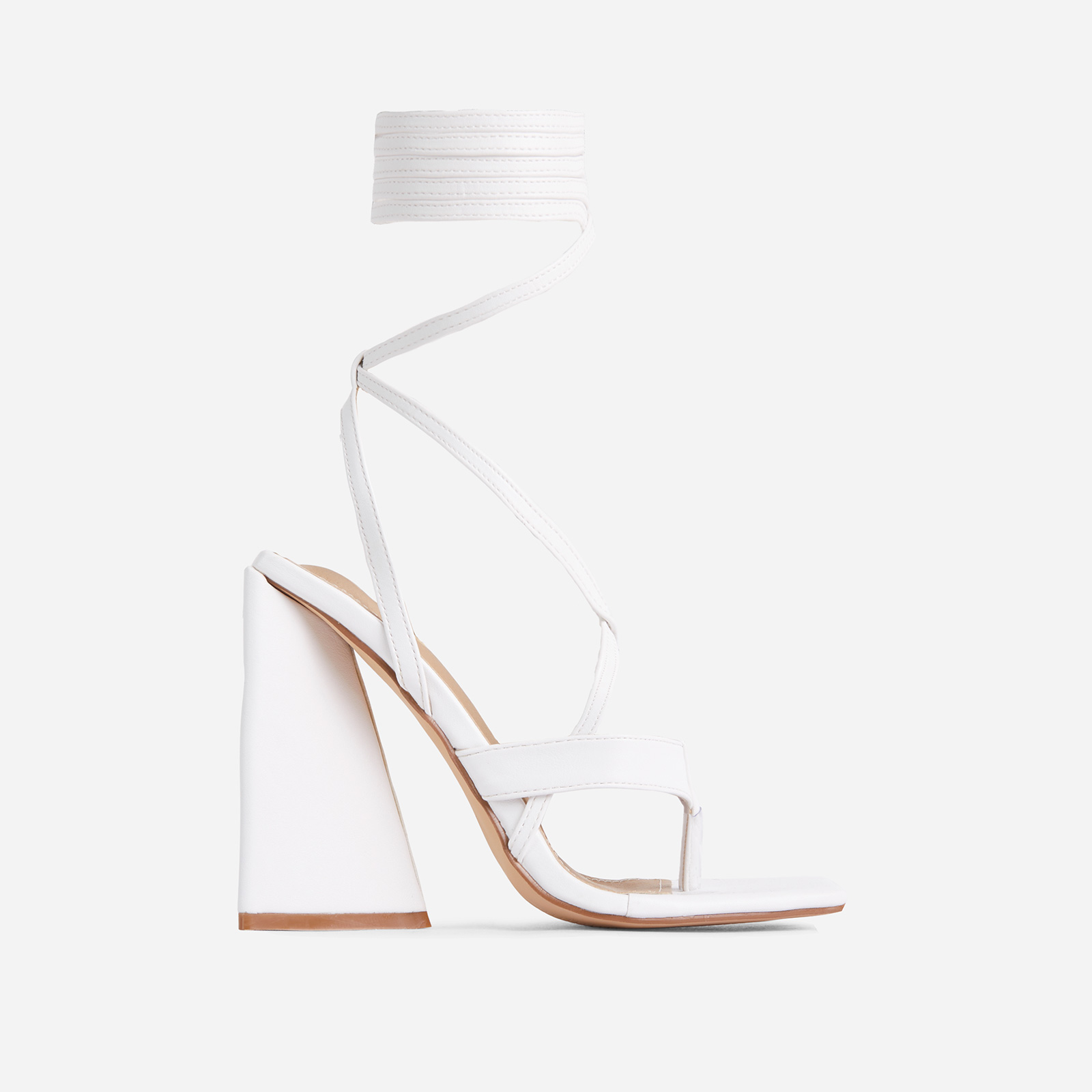 Salma Strappy Lace Up Square Toe Sculptured Flared Block Heel In White Croc Print Faux Leather, White (EGO SHOES)