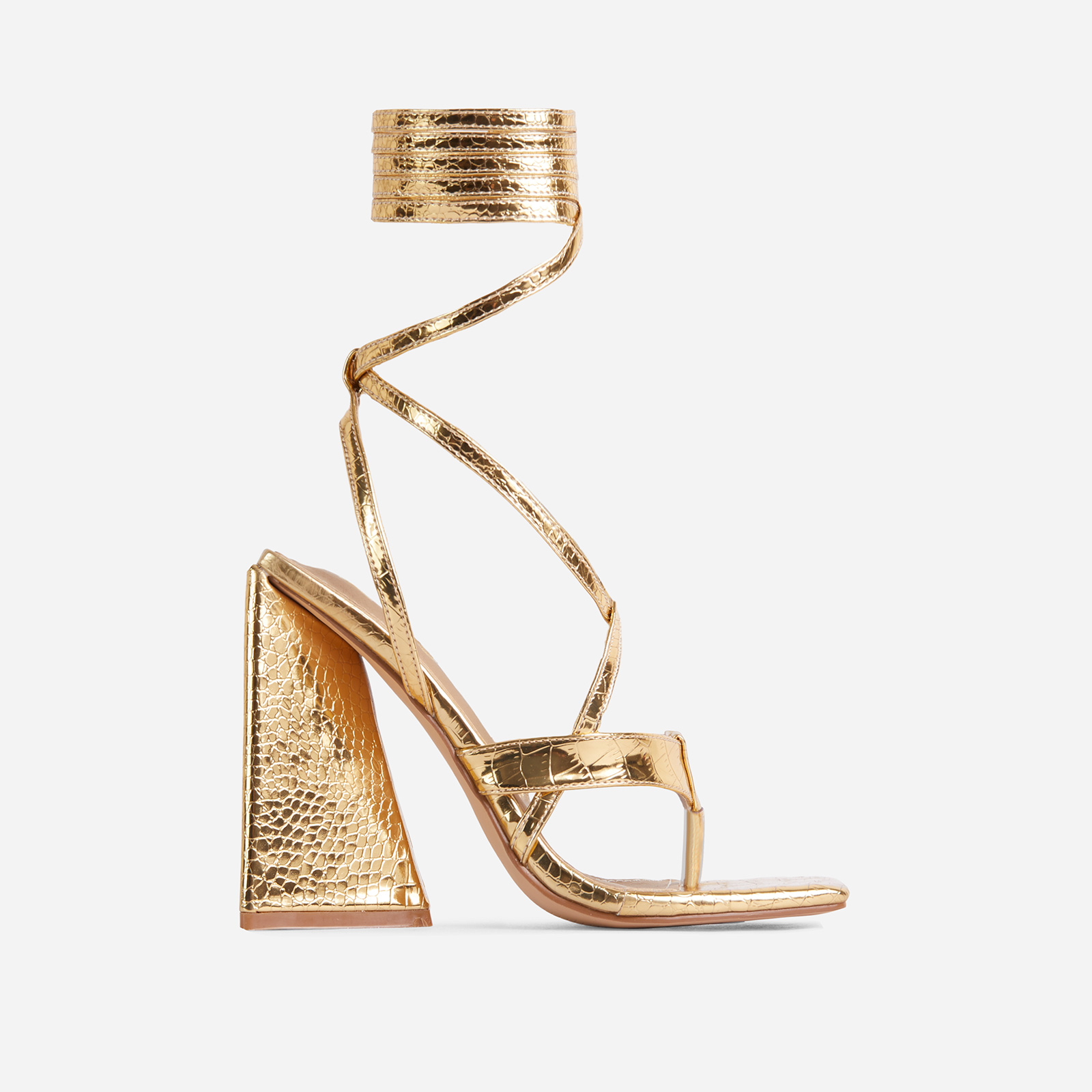 Salma Strappy Lace Up Square Toe Sculptured Flared Block Heel In Gold Croc Print Faux Leather, Gold (EGO SHOES)