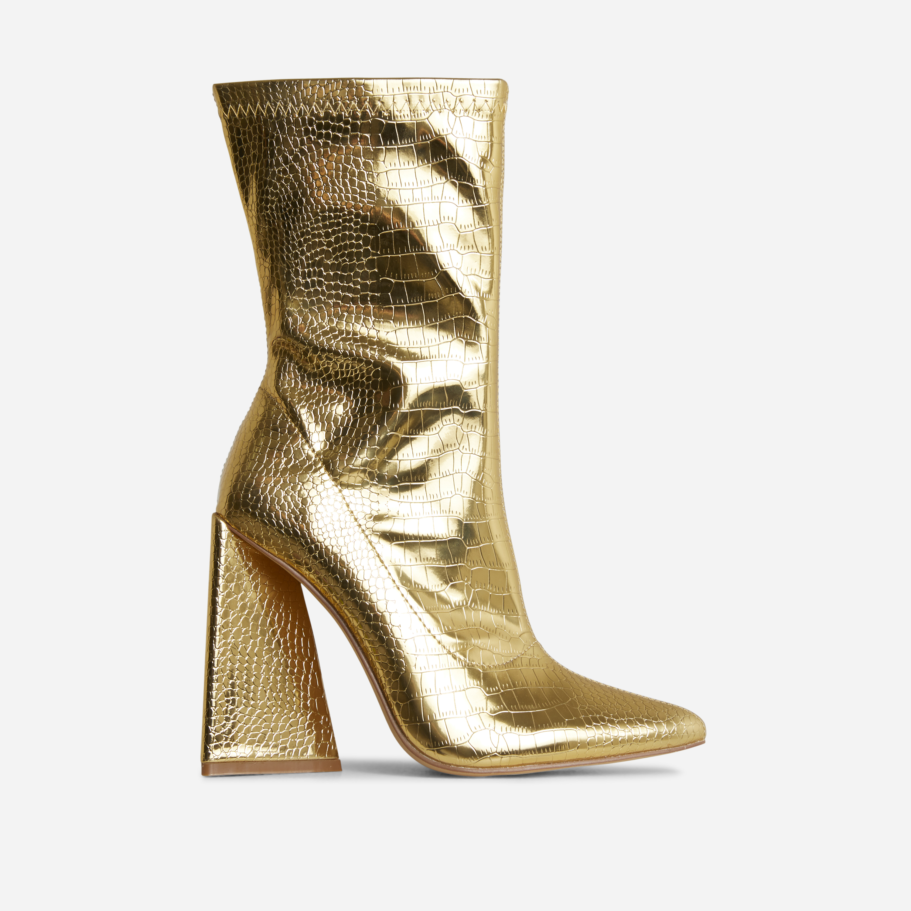 Global Pointed Toe Sculptured Block Heel Ankle Boot In Gold Croc Print Faux Leather, Gold (EGO SHOES)