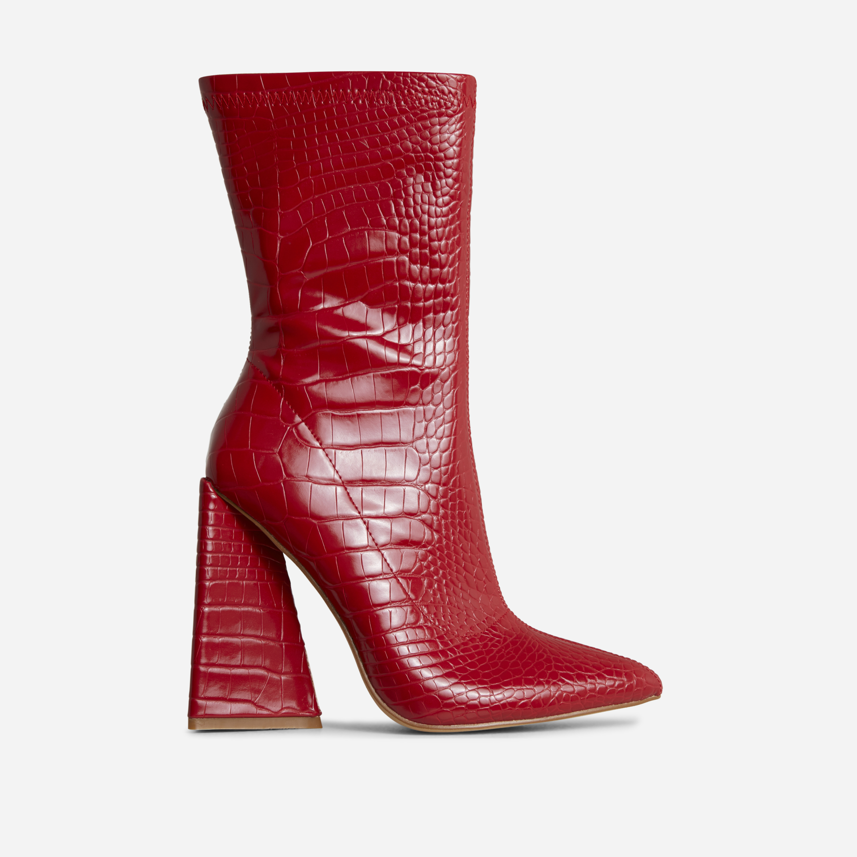 Global Pointed Toe Sculptured Block Heel Ankle Boot In Red Croc Print Faux Leather, Red (EGO SHOES)