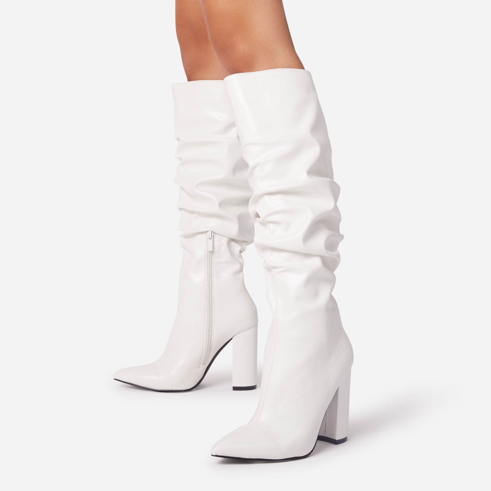 Tallulah Ruched Pointed Toe Block Heel Knee High Long Boot In White Faux Leather, White (EGO SHOES)