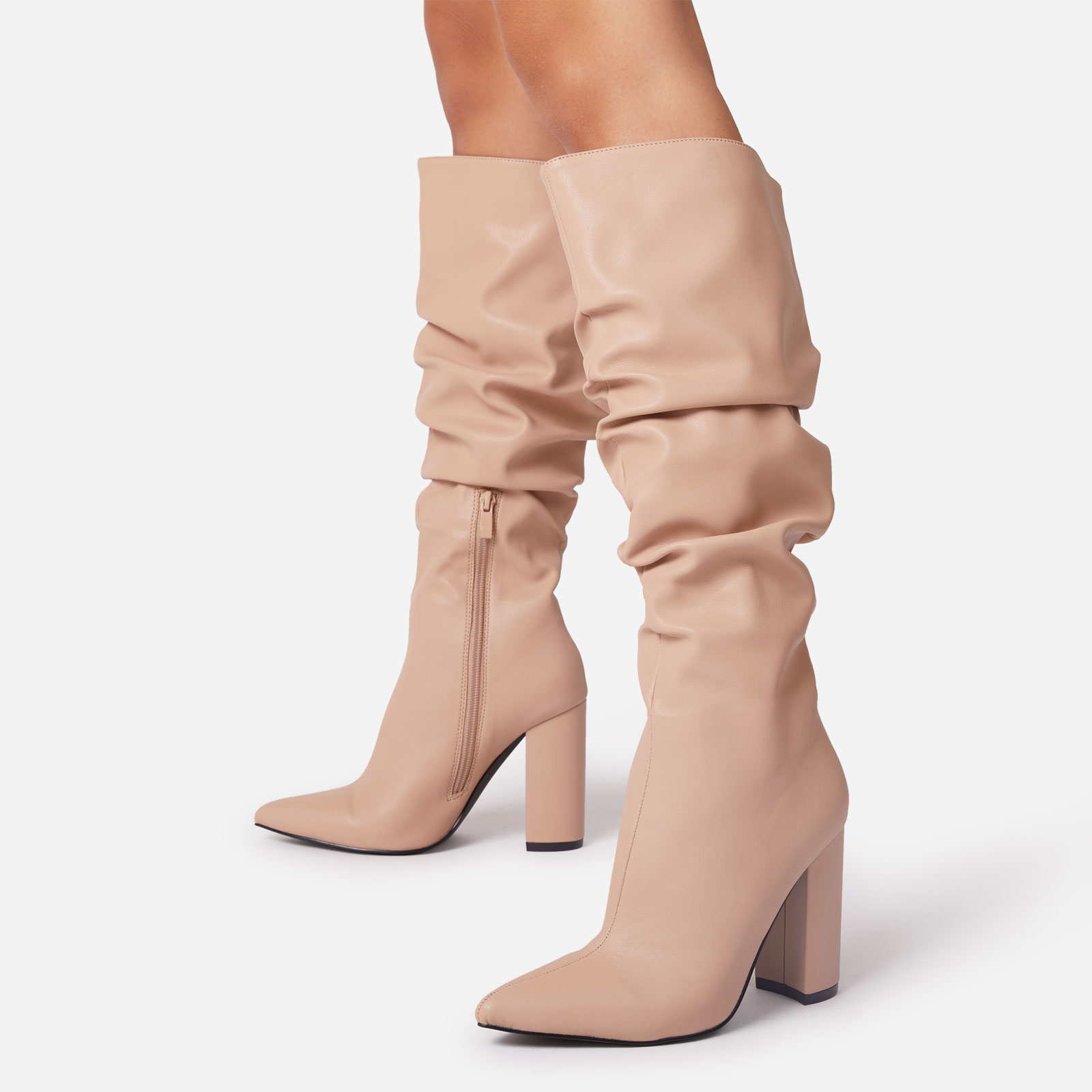 Tallulah Ruched Pointed Toe Block Heel Knee High Long Boot In Nude Faux Leather, Nude (EGO SHOES)