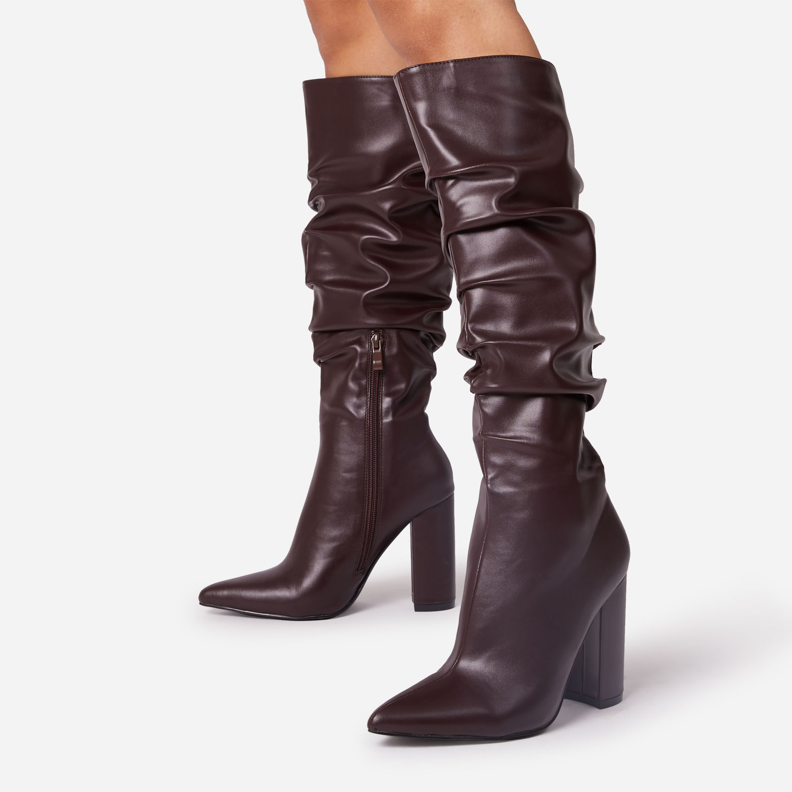 Tallulah Wide Fit Ruched Pointed Toe Block Heel Knee High Long Boot In Dark Brown Faux Leather, Brown (EGO SHOES)