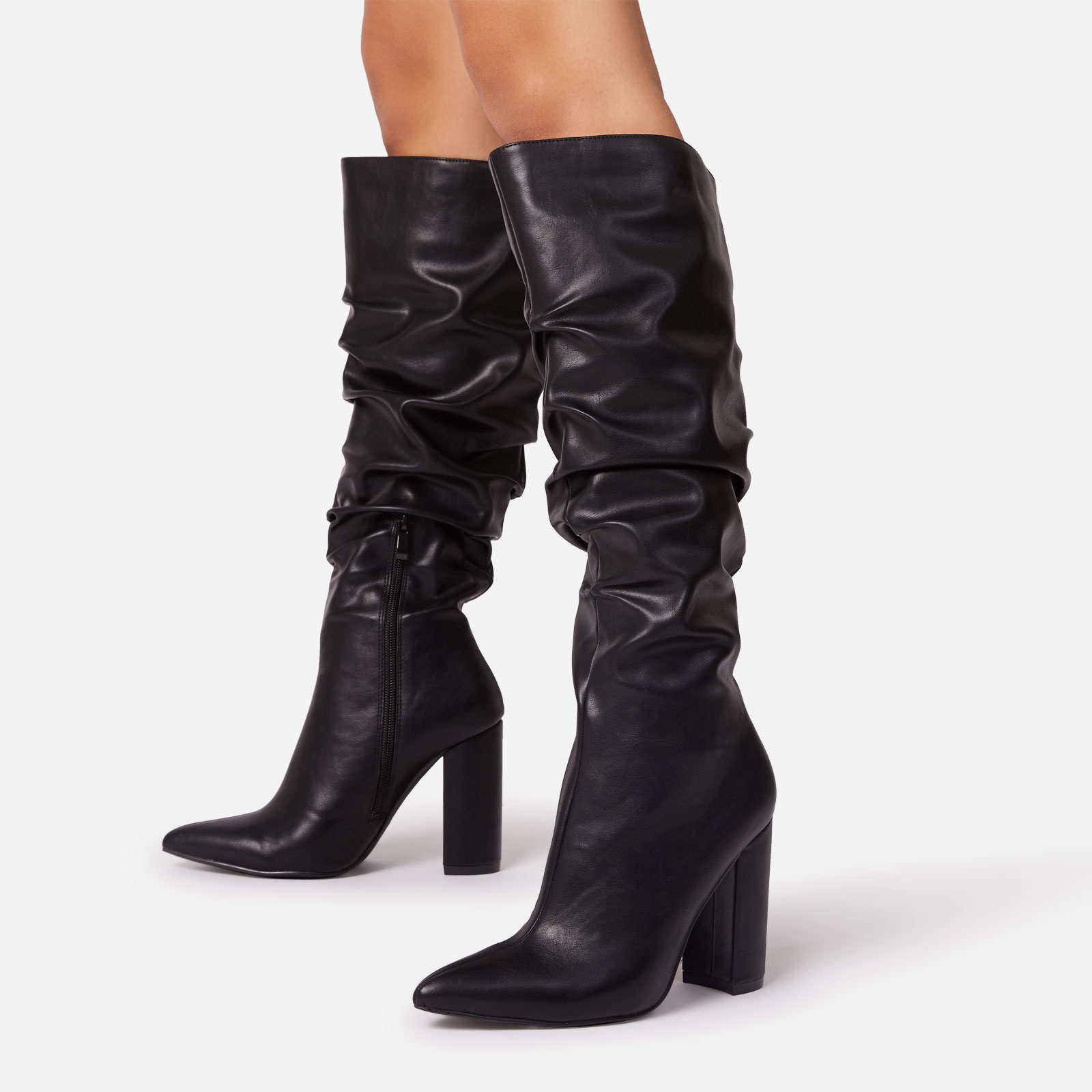 Tallulah Wide Fit Ruched Pointed Toe Block Heel Knee High Long Boot In Black Faux Leather, Black (EGO SHOES)