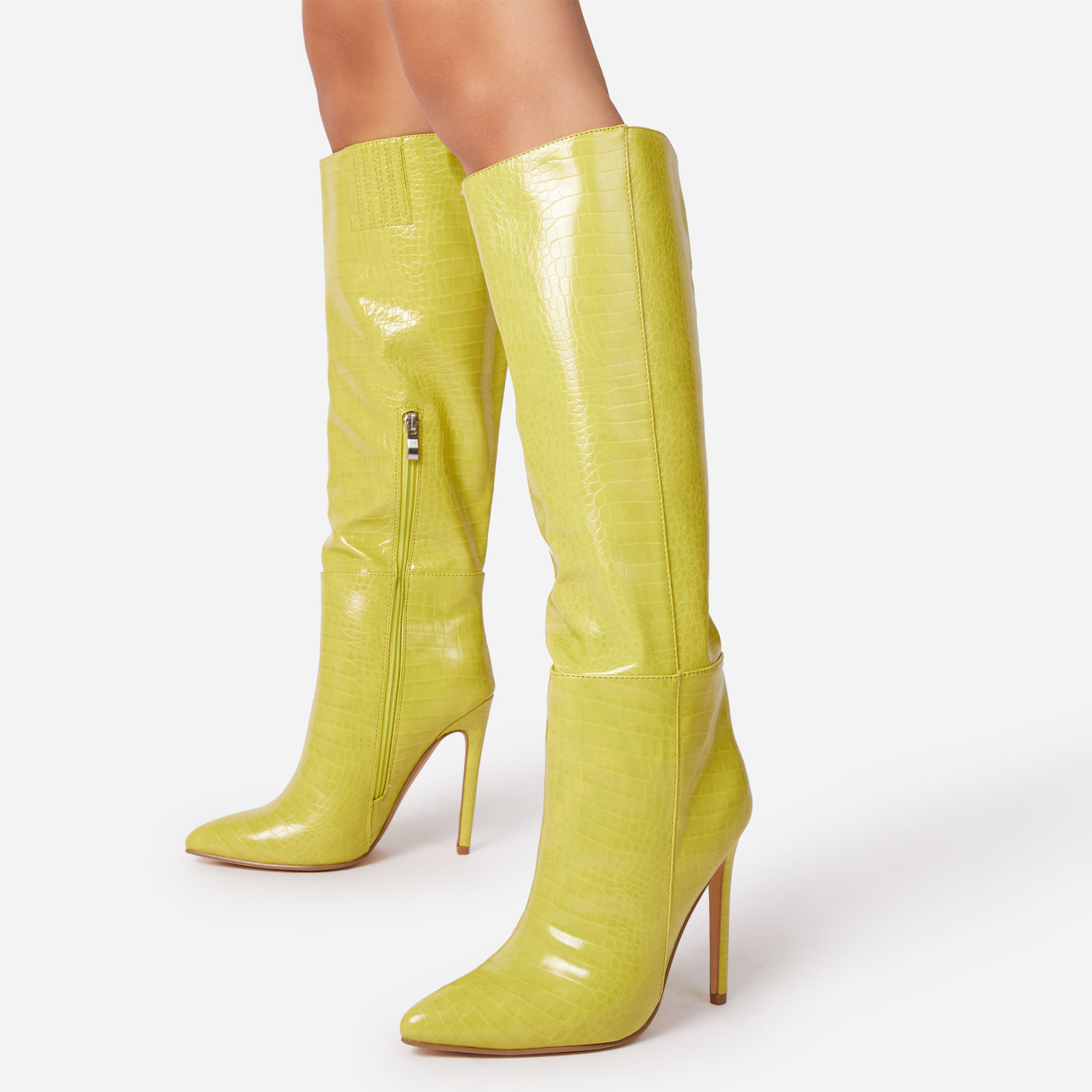 Rose Knee High Long Boot In Lime Green Croc Print Faux Leather, Green (EGO SHOES)