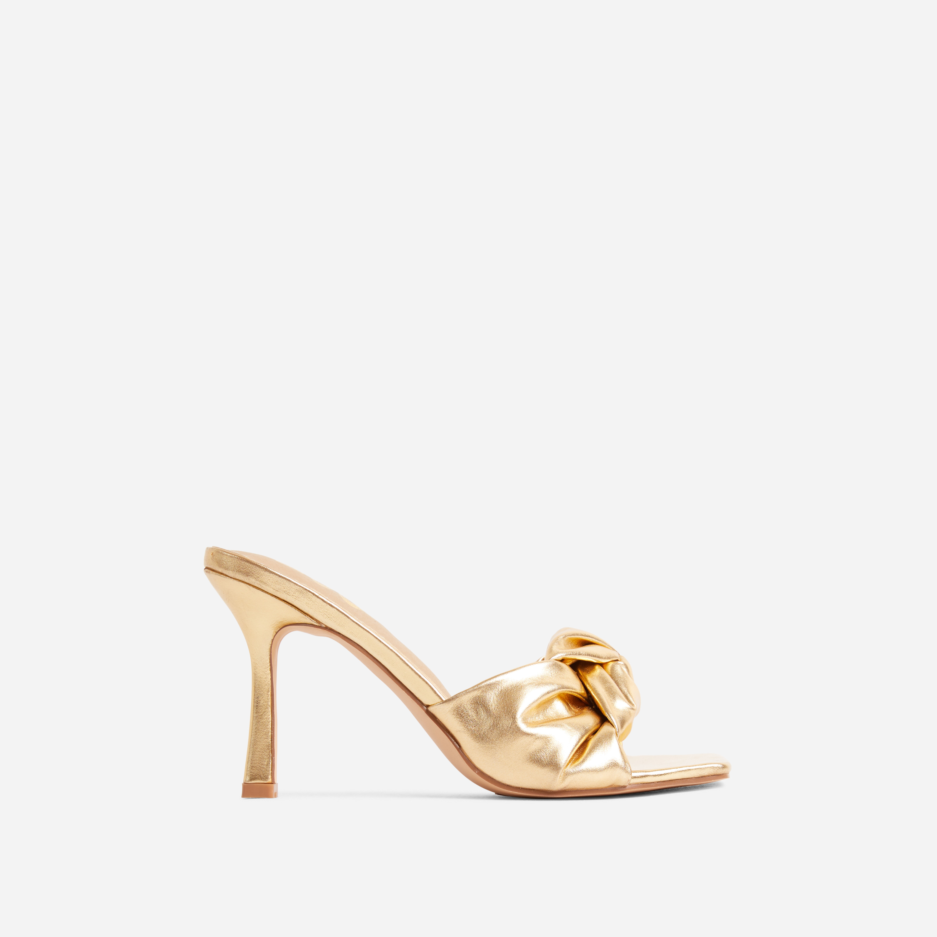 Lenore Knotted Detail Square Toe Heel Mule In Gold faux Leather, Gold (EGO SHOES)