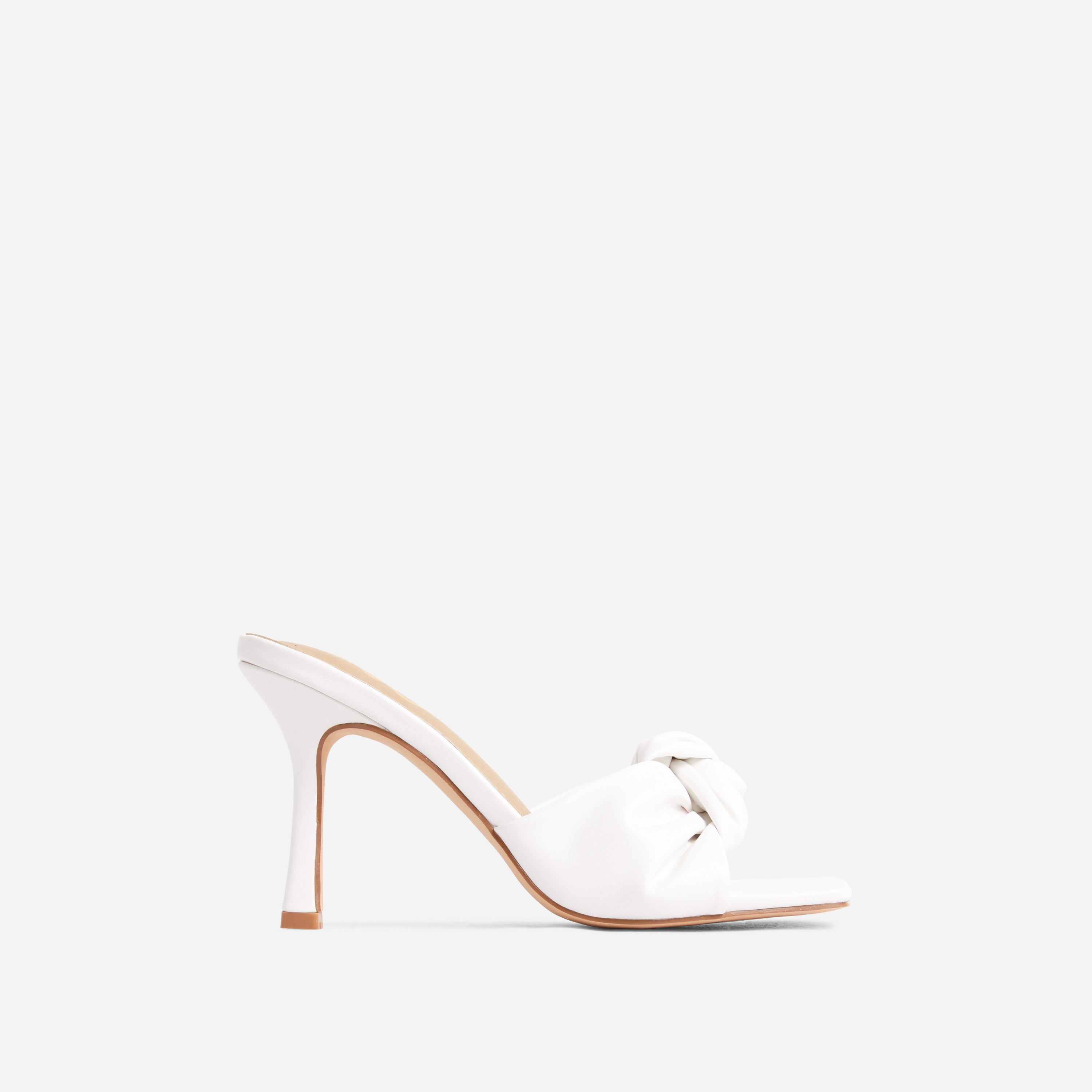 Lenore Knotted Detail Square Toe Heel Mule In White faux Leather, White (EGO SHOES)