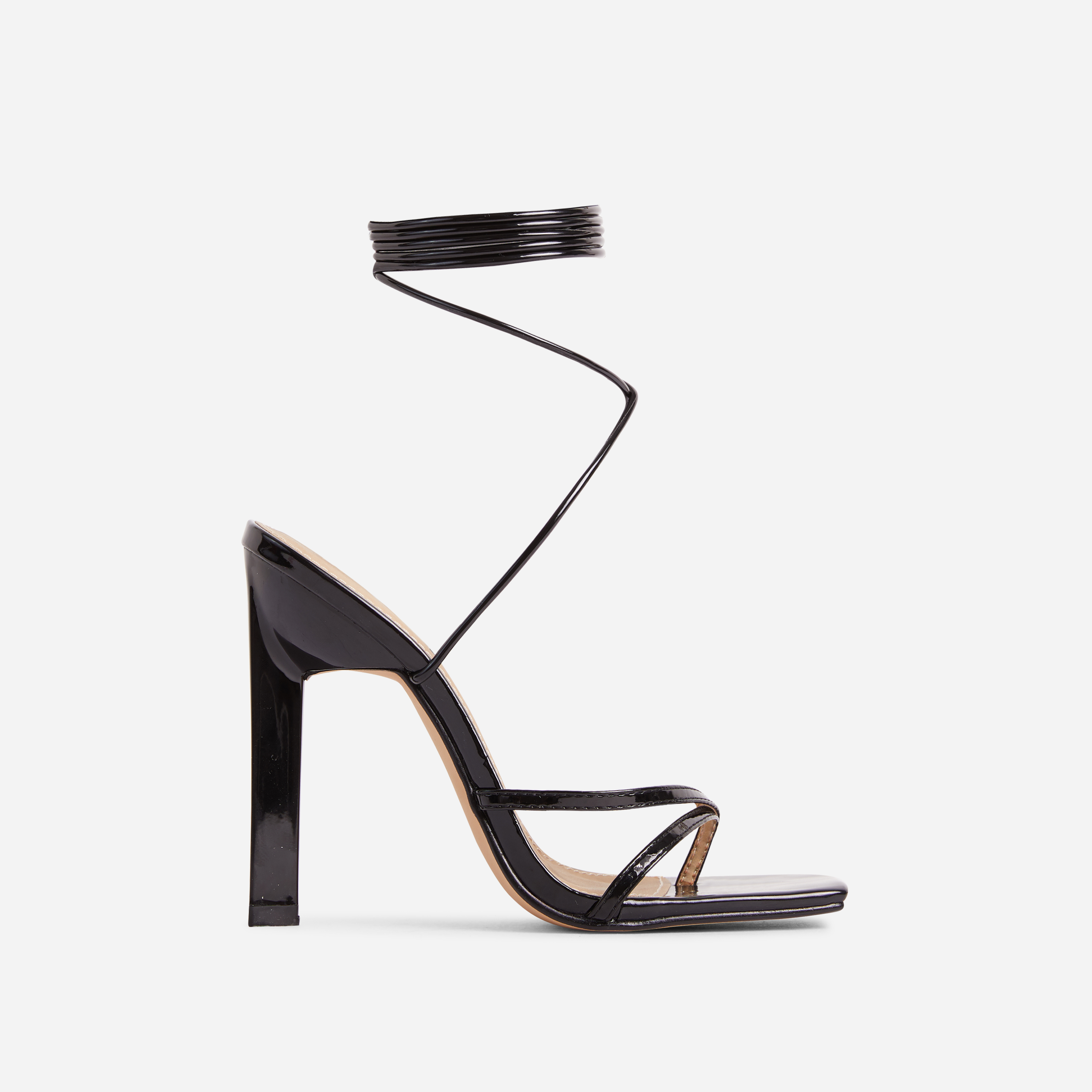 Saffron Wide Fit Strappy Square Toe Lace Up Sculptured Heel In Black Patent, Black (EGO SHOES)