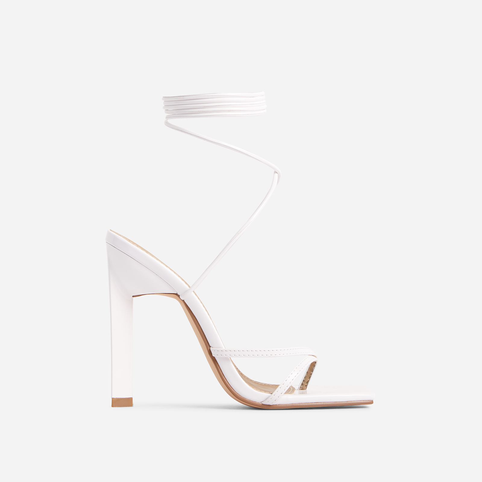 Saffron Wide Fit Strappy Square Toe Lace Up Sculptured Heel In White Patent, White (EGO SHOES)