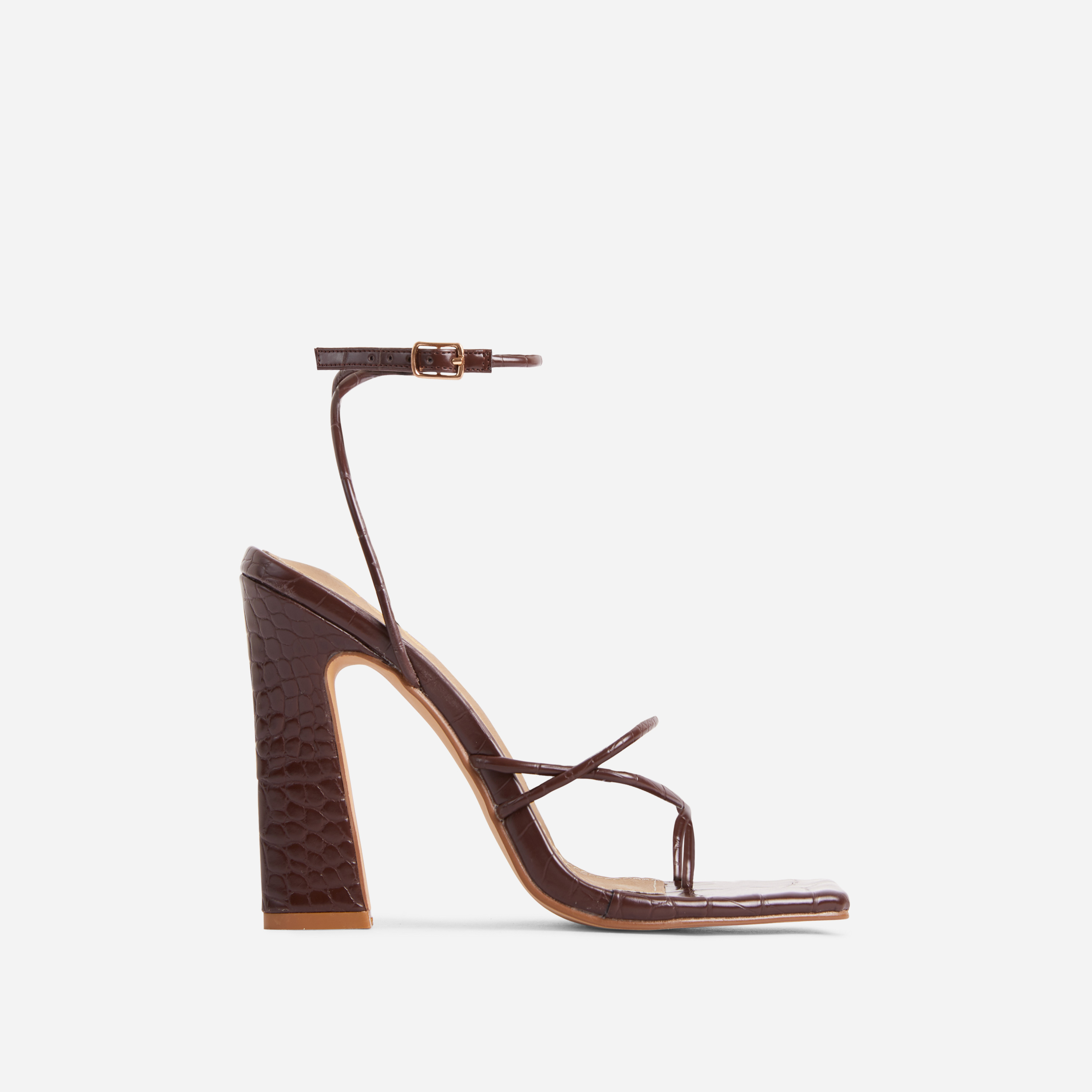 Taking-The-Lead Wide Fit Strappy Square Toe Flared Block Heel In Dark Brown Croc Print Faux Leather, Brown (EGO SHOES)