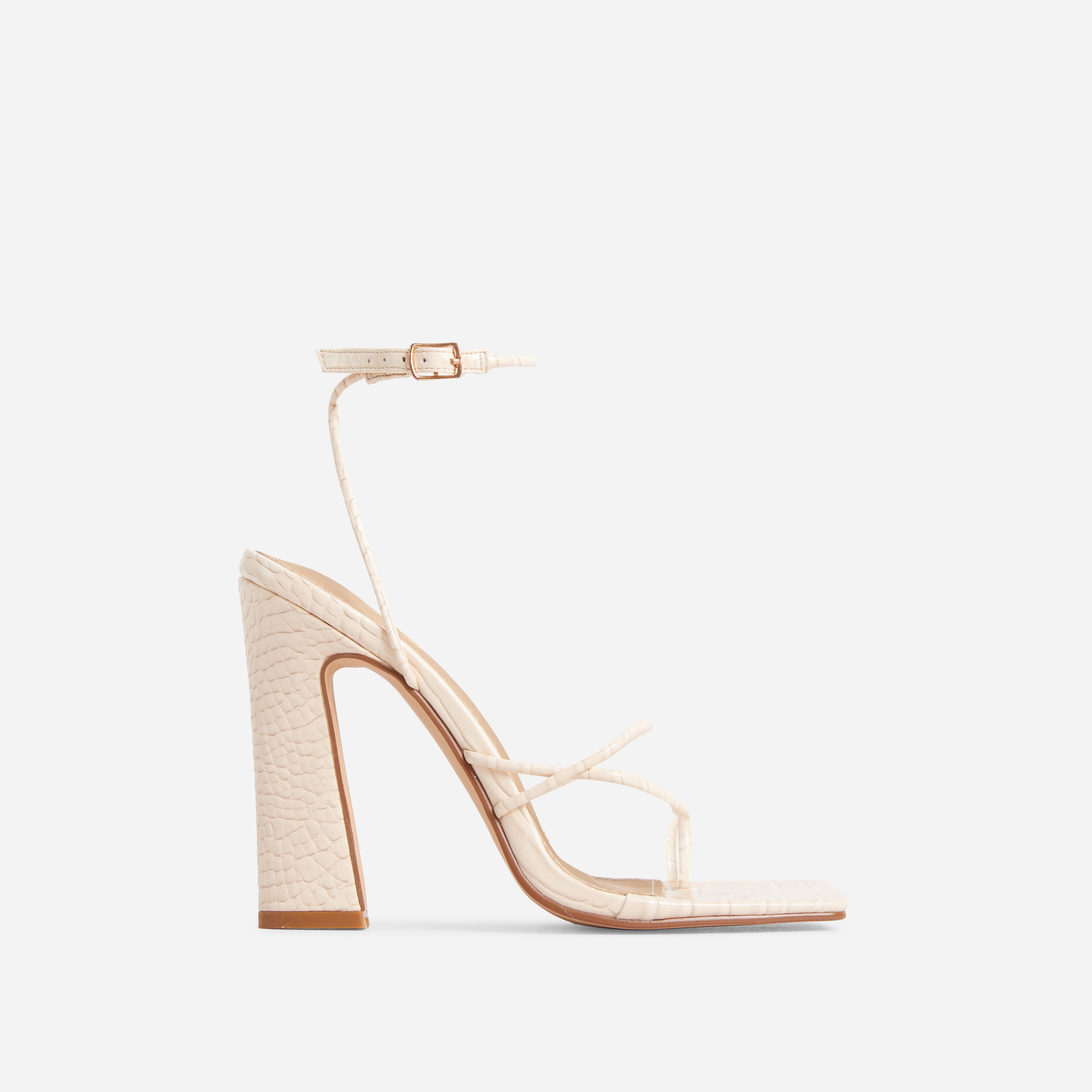 Taking-The-Lead Wide Fit Strappy Square Toe Flared Block Heel In Cream Nude Croc Print Faux Leather, Nude (EGO SHOES)